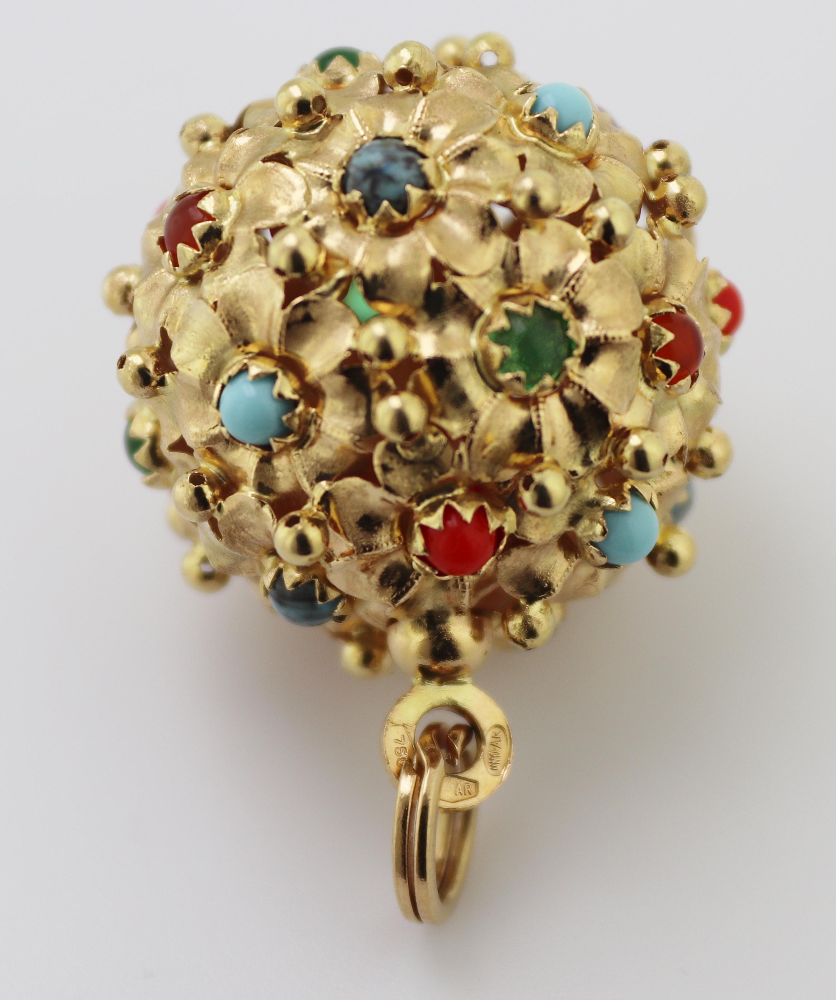 Vintage Glass, 18K Yellow Gold Large “Floral Ball” Fob/Pendant For Sale 3