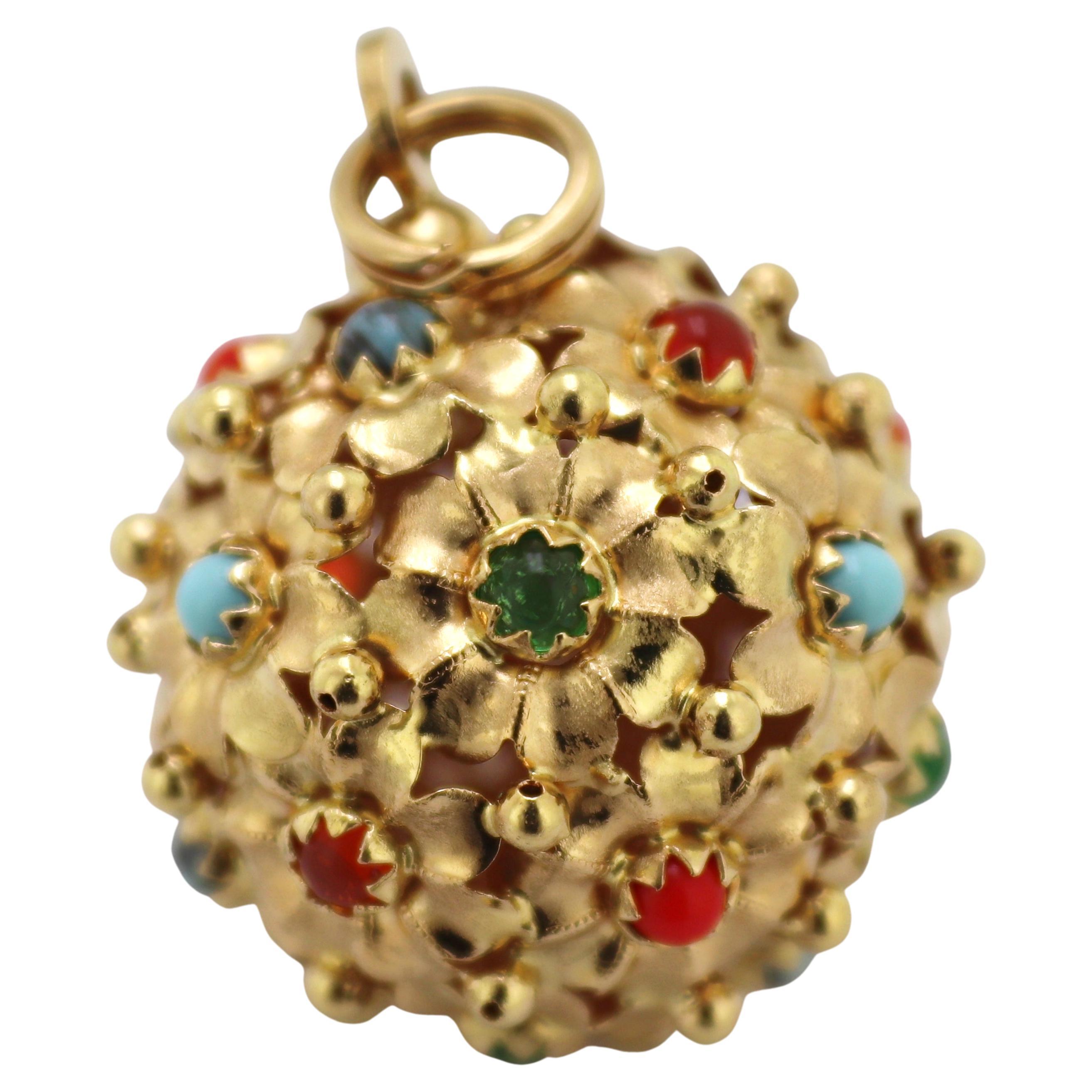 Vintage Glass, 18K Yellow Gold Large “Floral Ball” Fob/Pendant For Sale