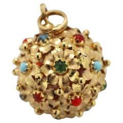 Antique Glass, 18K Yellow Gold Large “Floral Ball” Fob/Pendant