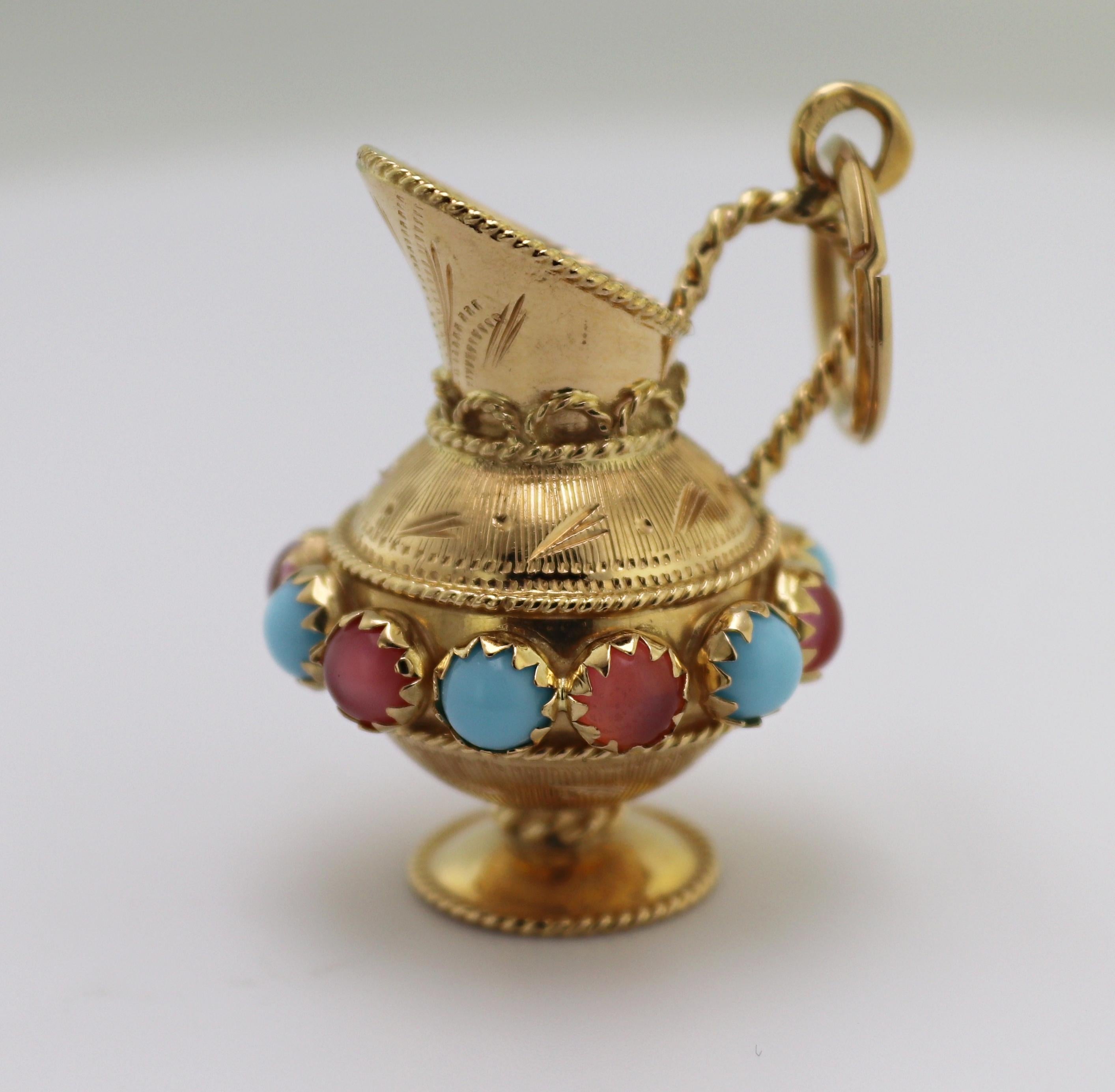 Artisan Vintage Glass 18K Yellow Gold Pitcher Fob / Pendant For Sale