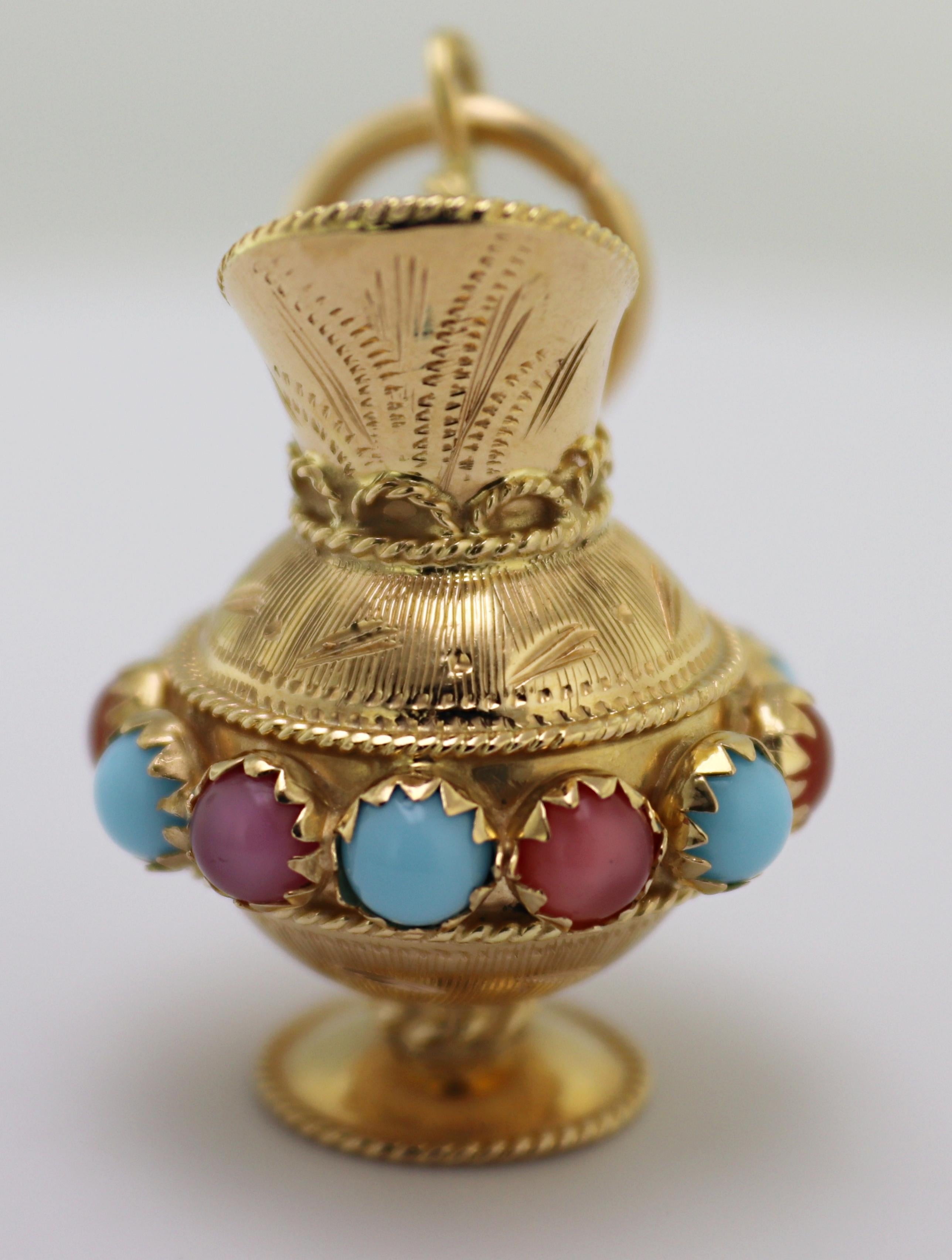 Women's or Men's Vintage Glass 18K Yellow Gold Pitcher Fob / Pendant For Sale