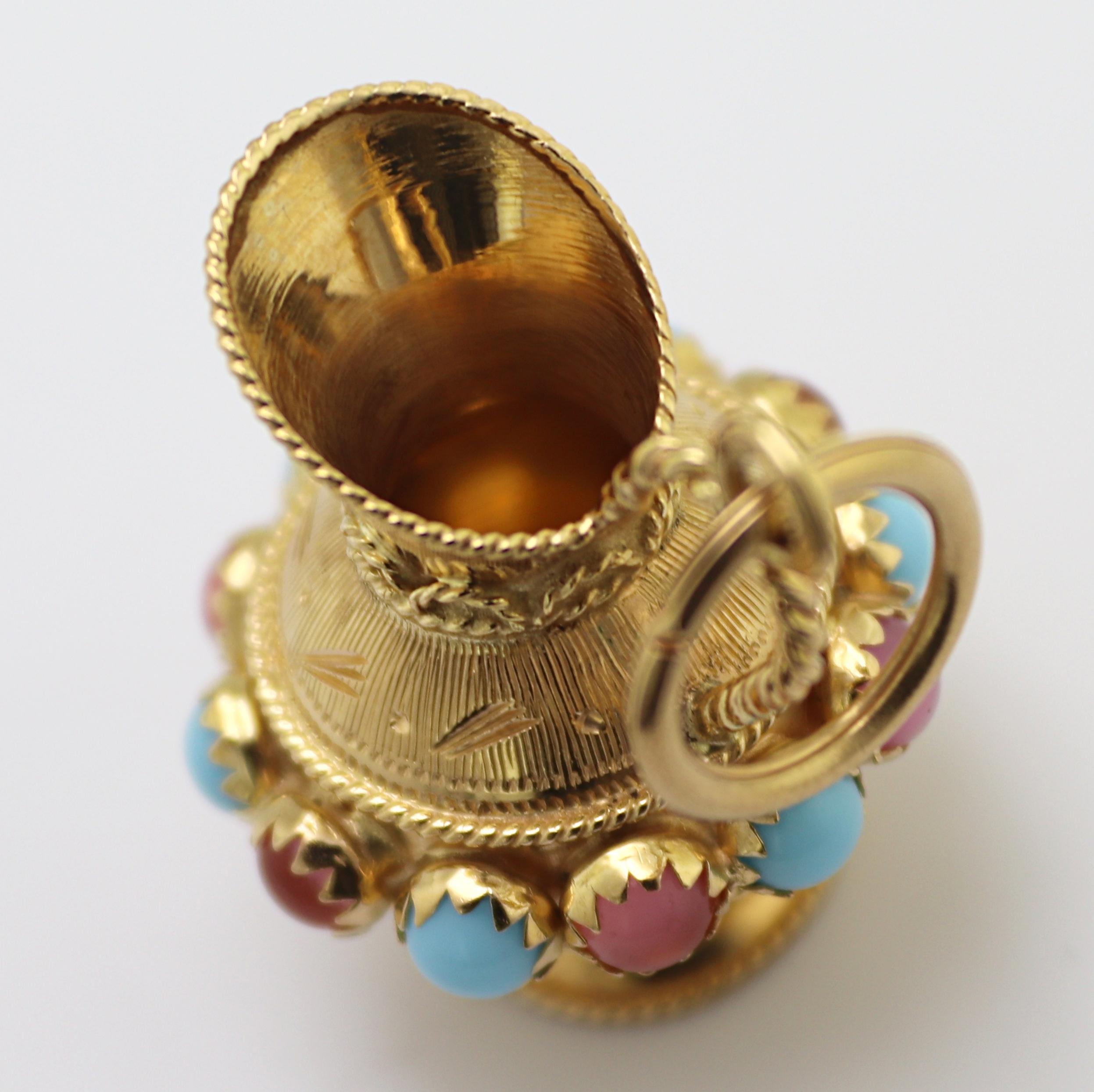 Vintage Glass 18K Yellow Gold Pitcher Fob / Pendant For Sale 1
