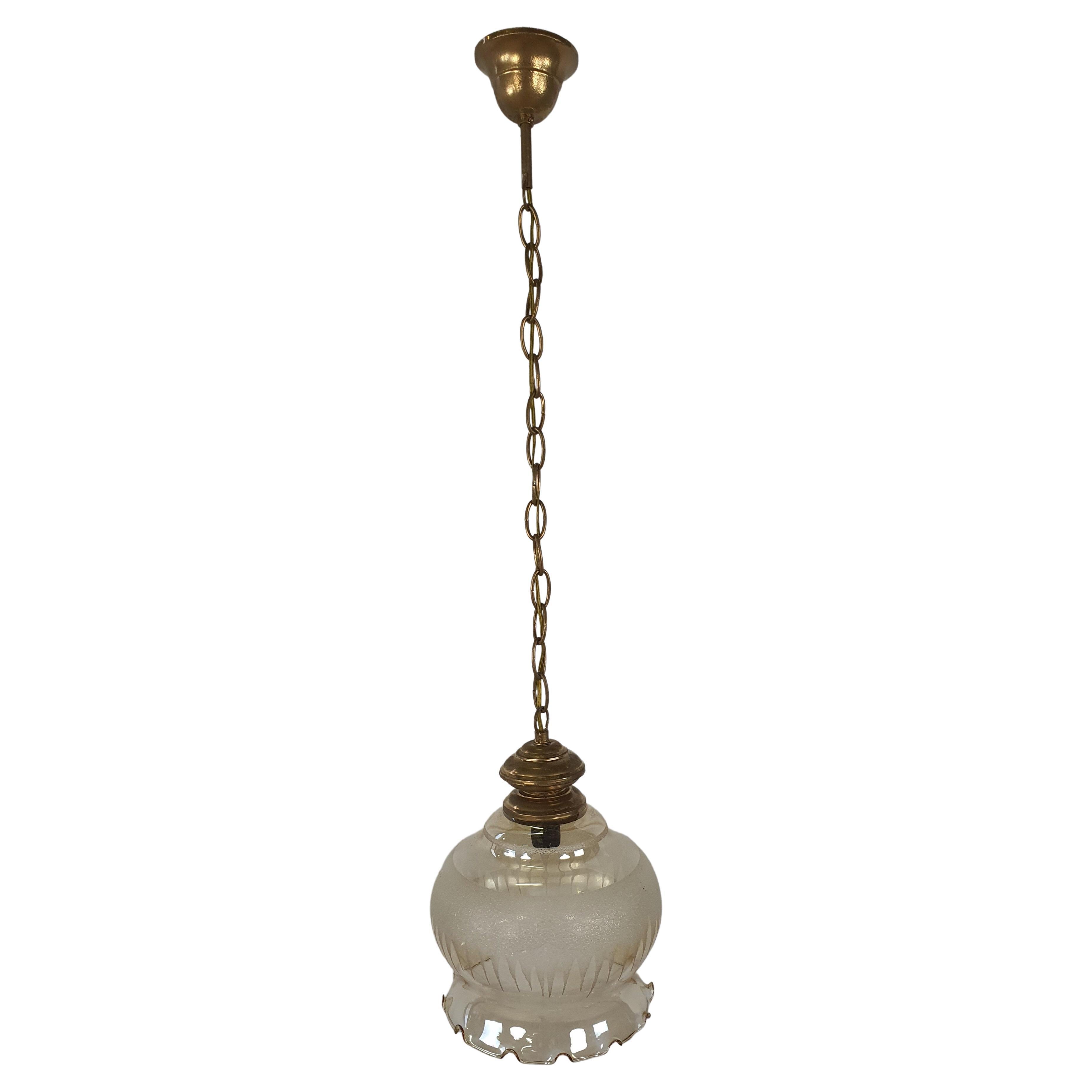 Vintage Glass and Brass Chandelier For Sale