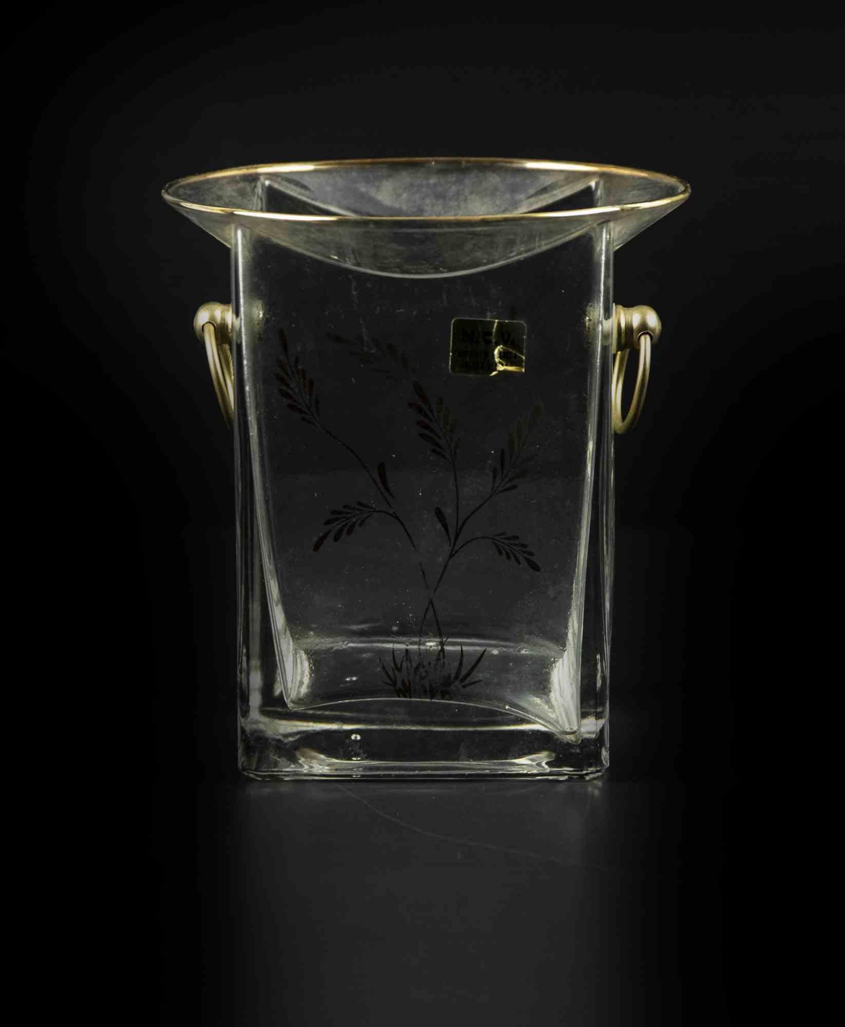 Italian Vintage Glass and Brass Ice Container, Mid-20th Century For Sale