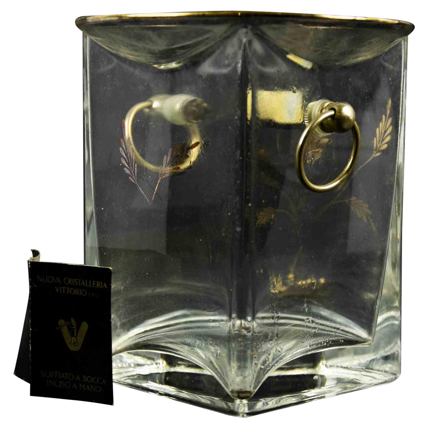 Vintage Glass and Brass Ice Container, Mid-20th Century