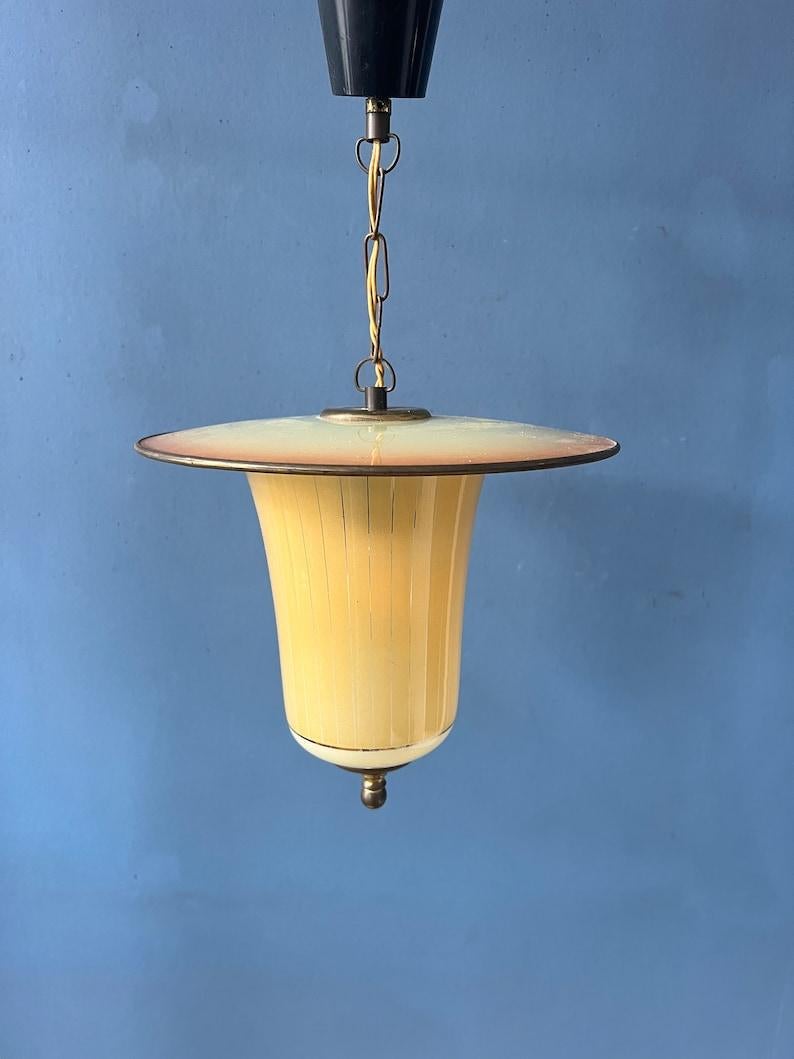 XX secolo Lampada a sospensione a lanterna in vetro e ottone vintage, anni '50 in vendita