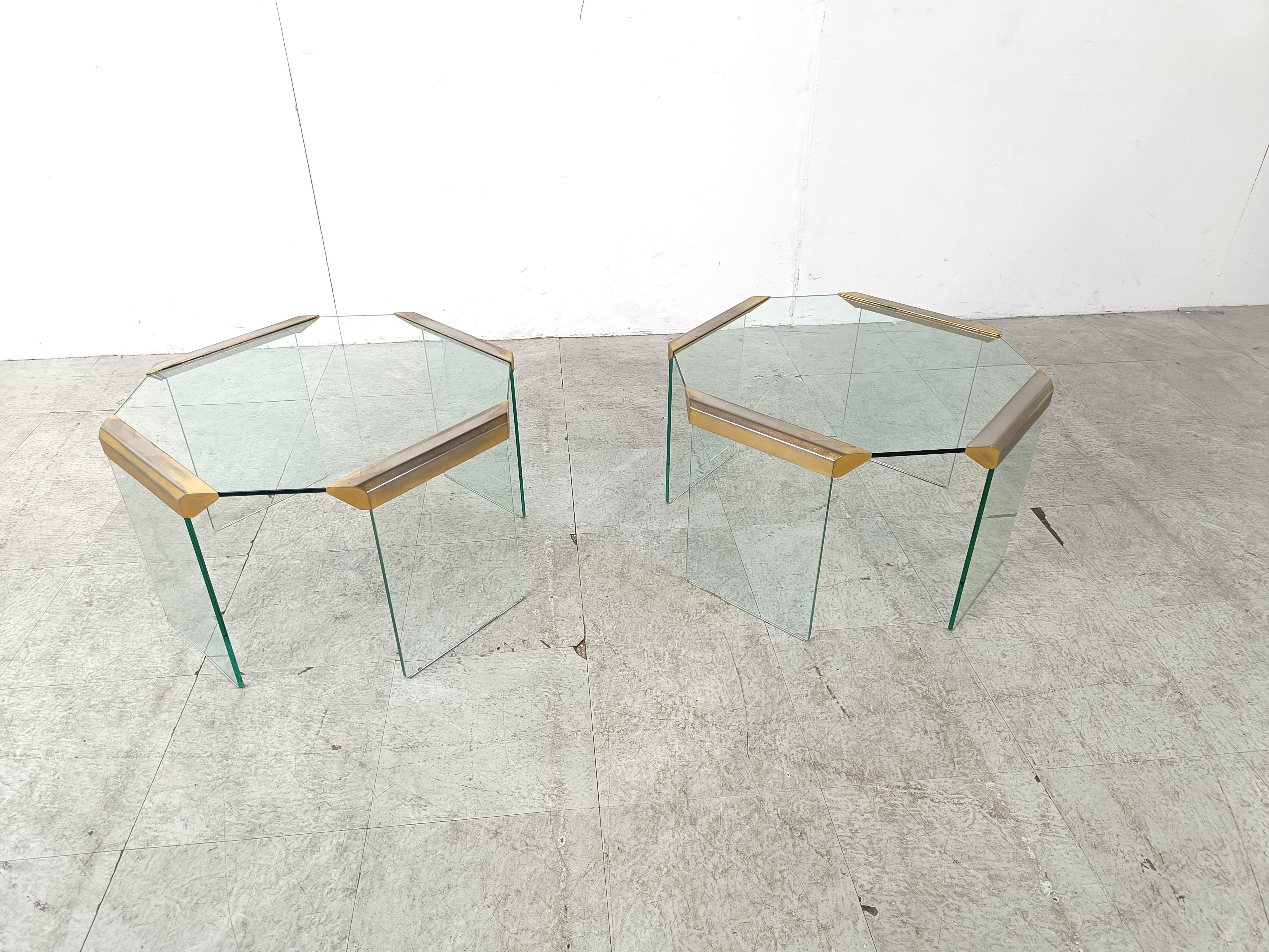 Hollywood Regency Vintage glass and brass side tables, 1980s For Sale