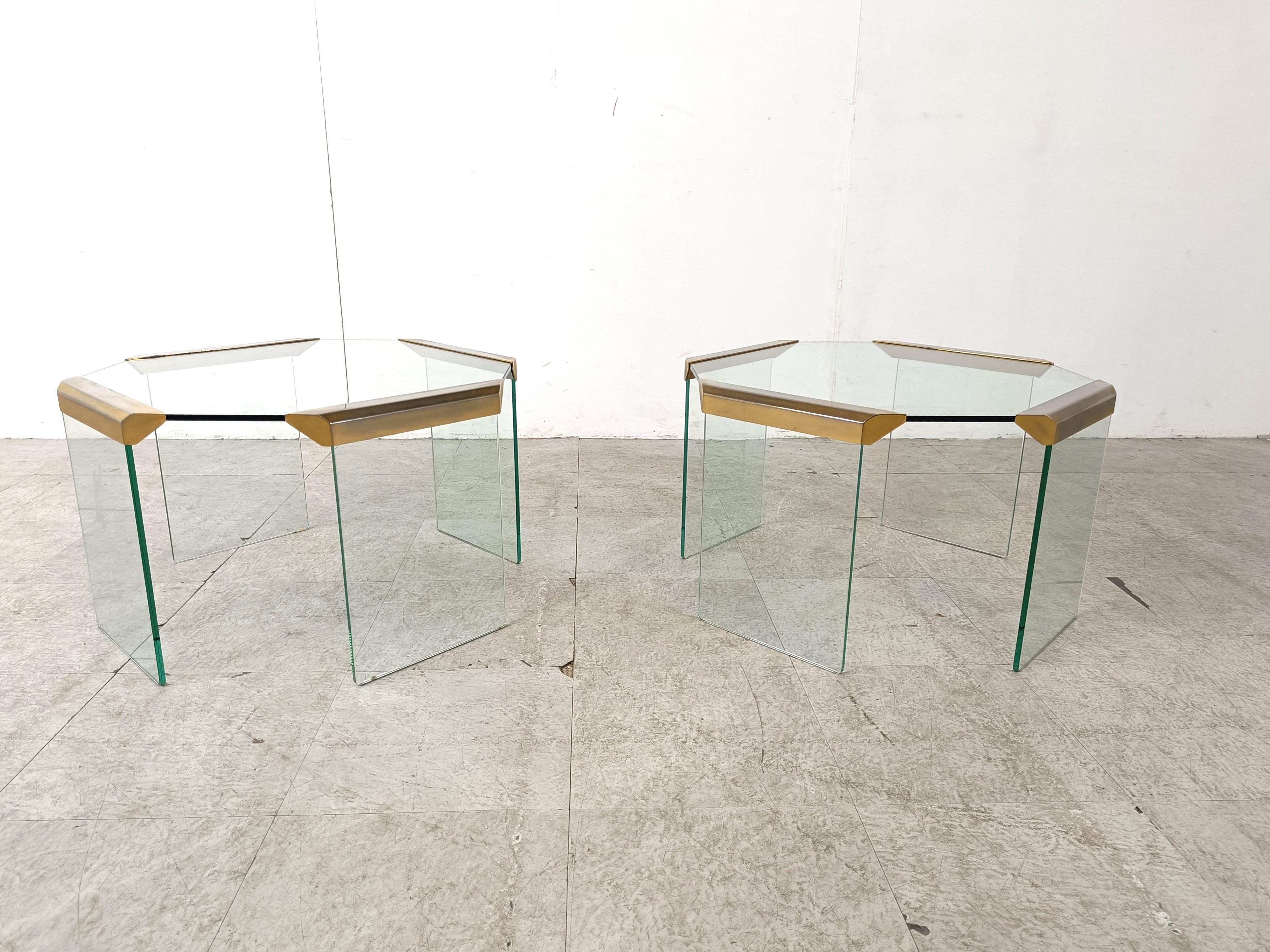 Belgian Vintage glass and brass side tables, 1980s For Sale