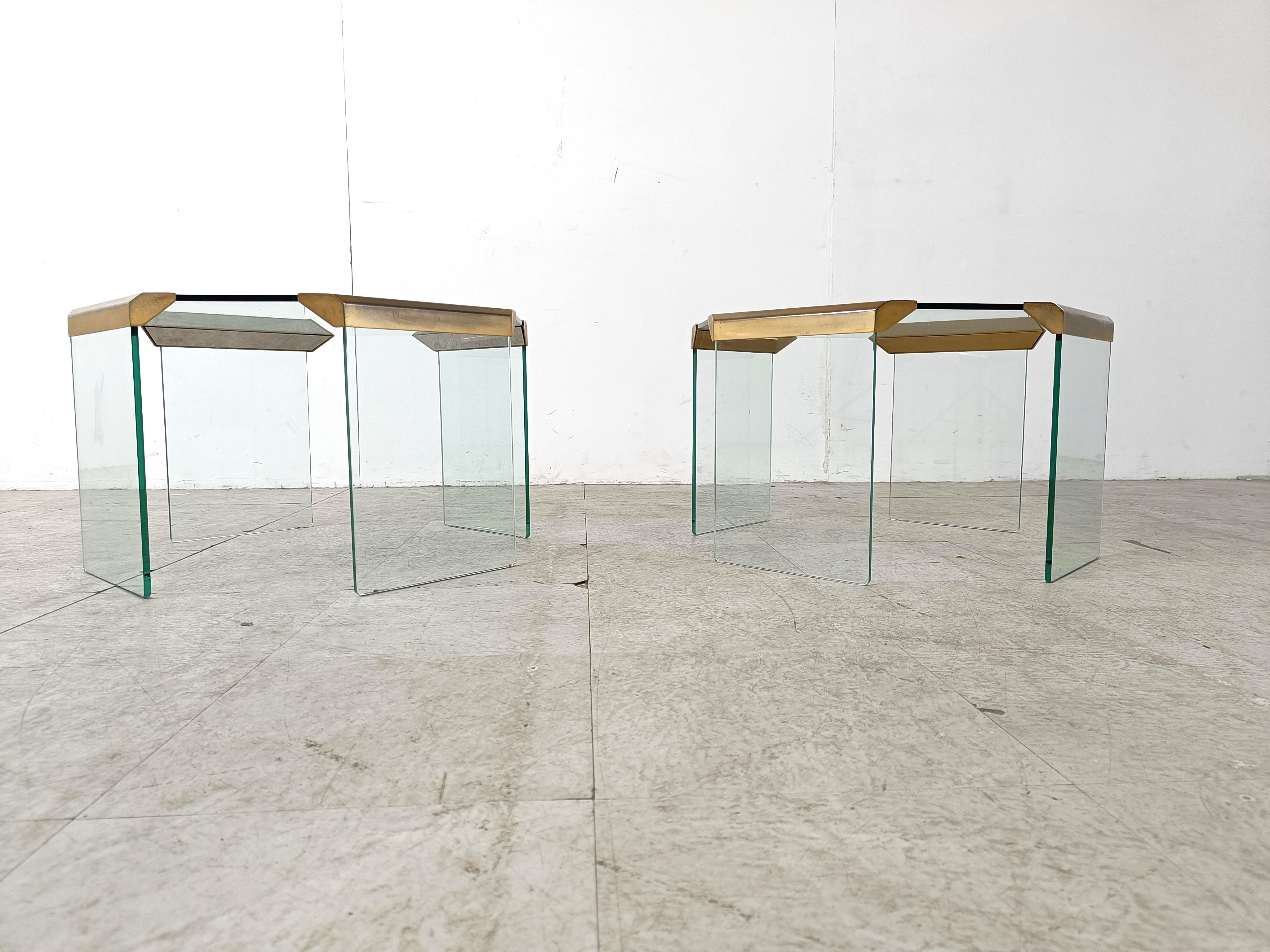 Vintage glass and brass side tables, 1980s In Good Condition In HEVERLEE, BE