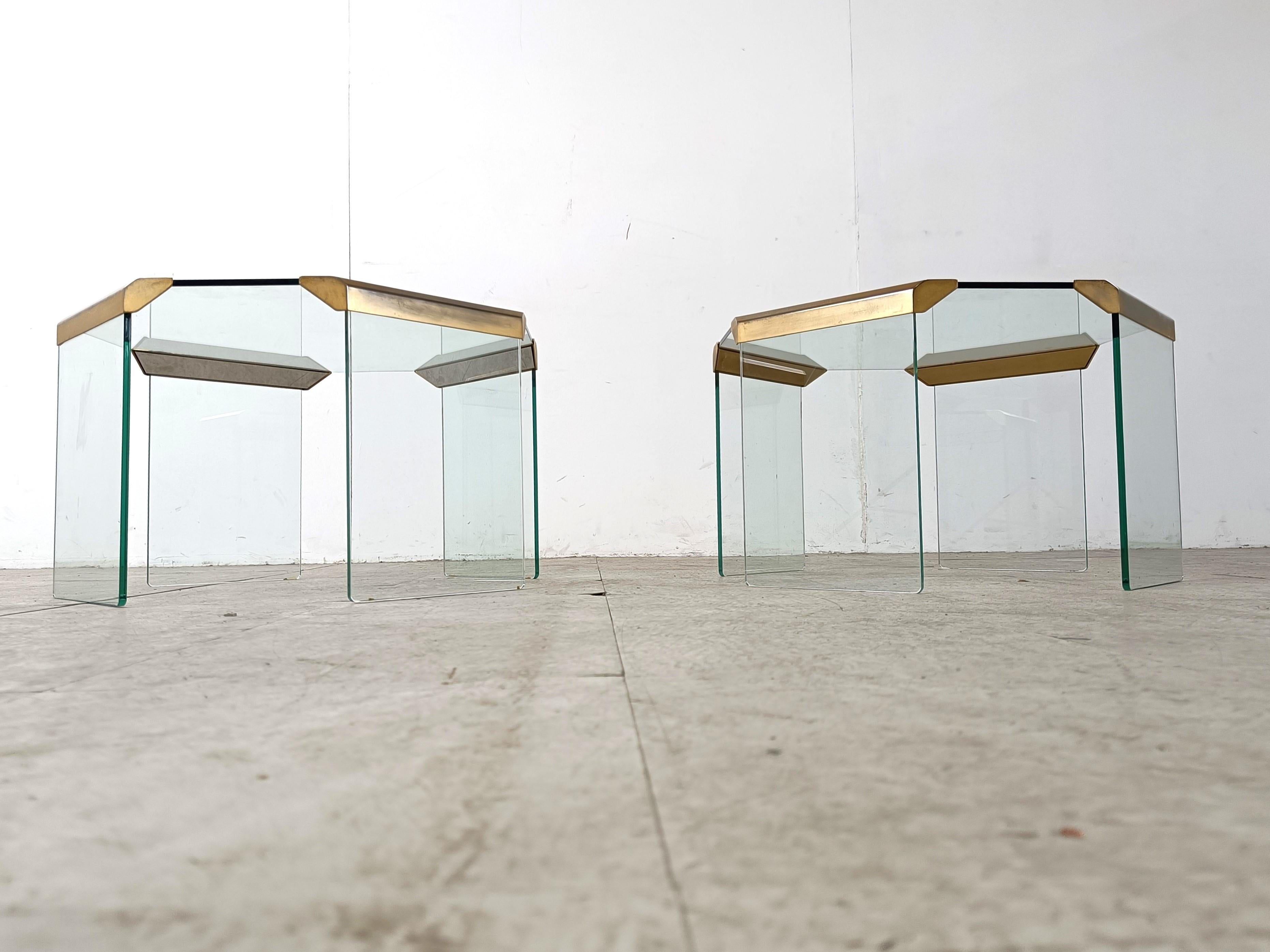 Late 20th Century Vintage glass and brass side tables, 1980s For Sale