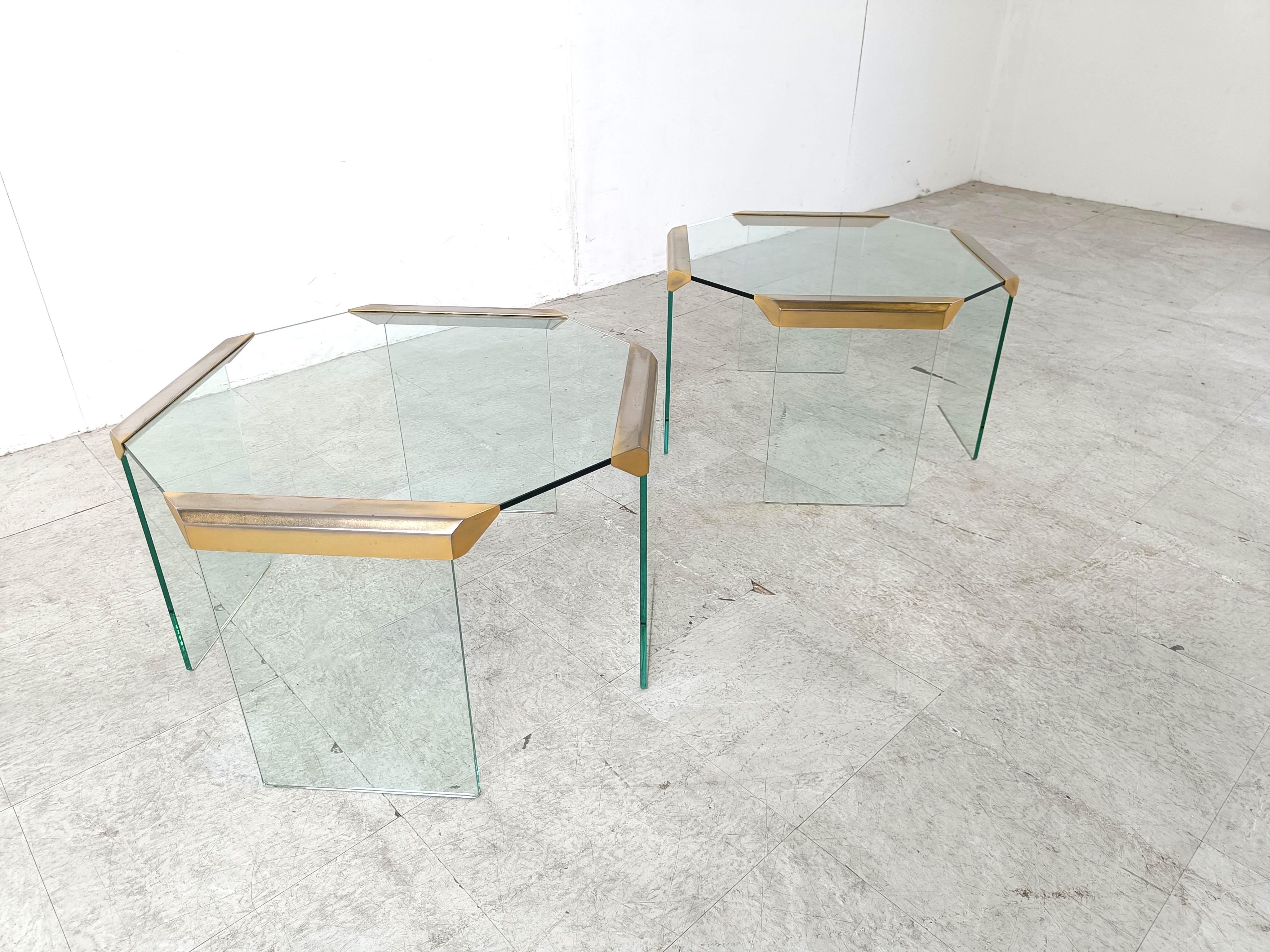 Brass Vintage glass and brass side tables, 1980s For Sale