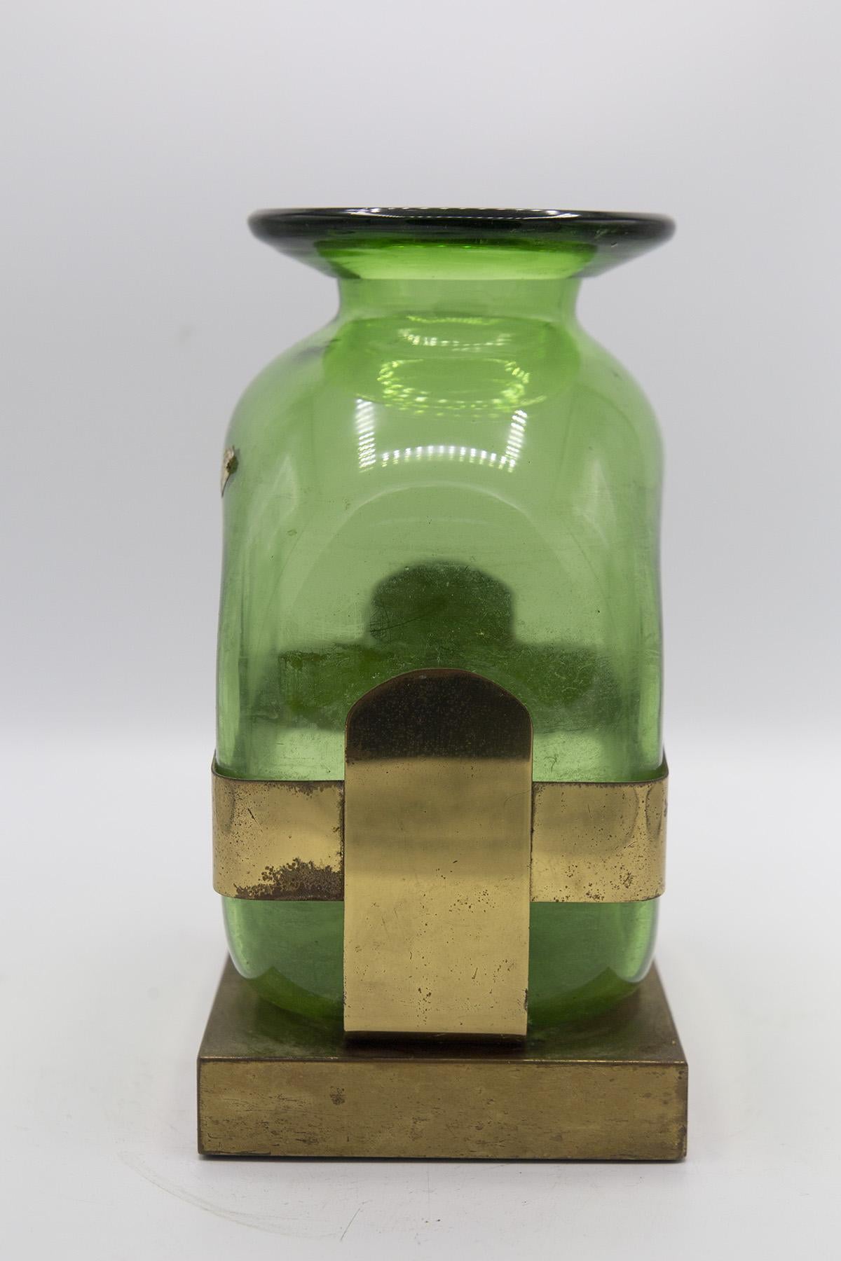 Italian Vintage Glass and Brass Vase Vetrerie Empoli