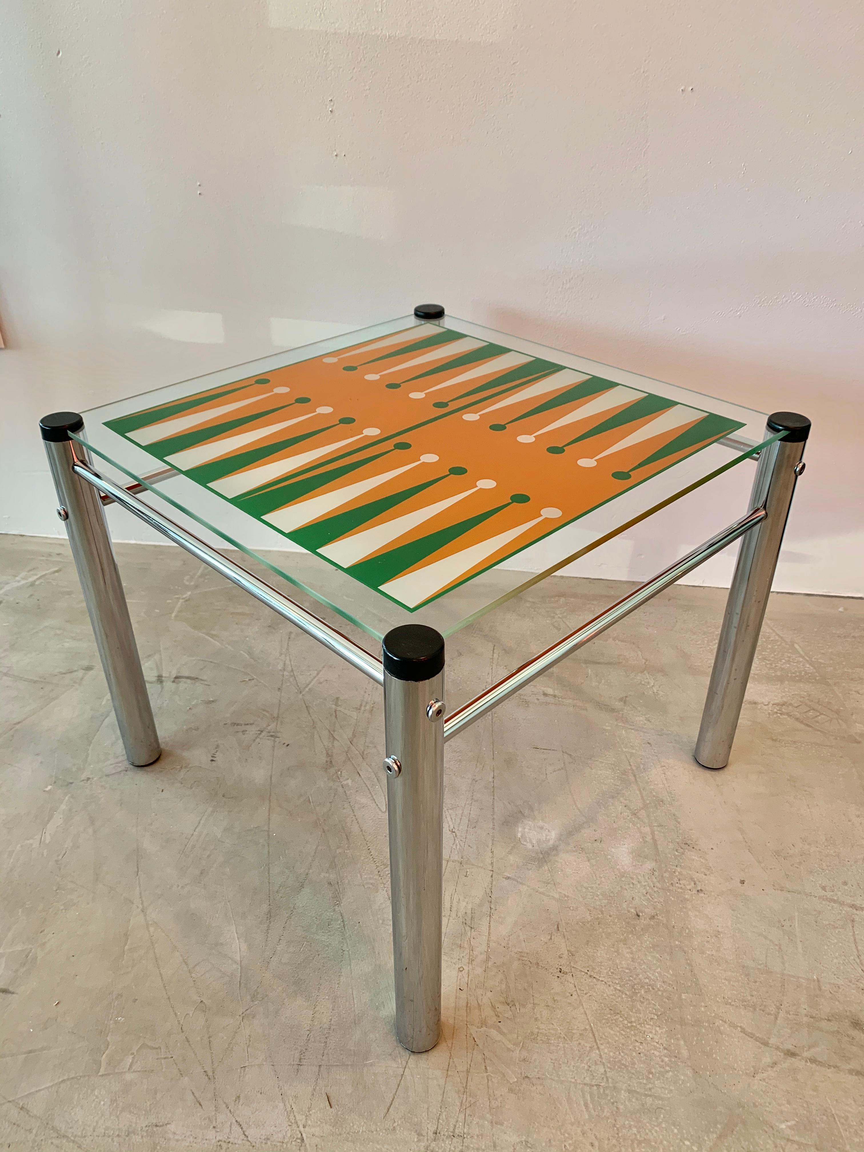 Vintage Glass and Chrome Backgammon Table 1