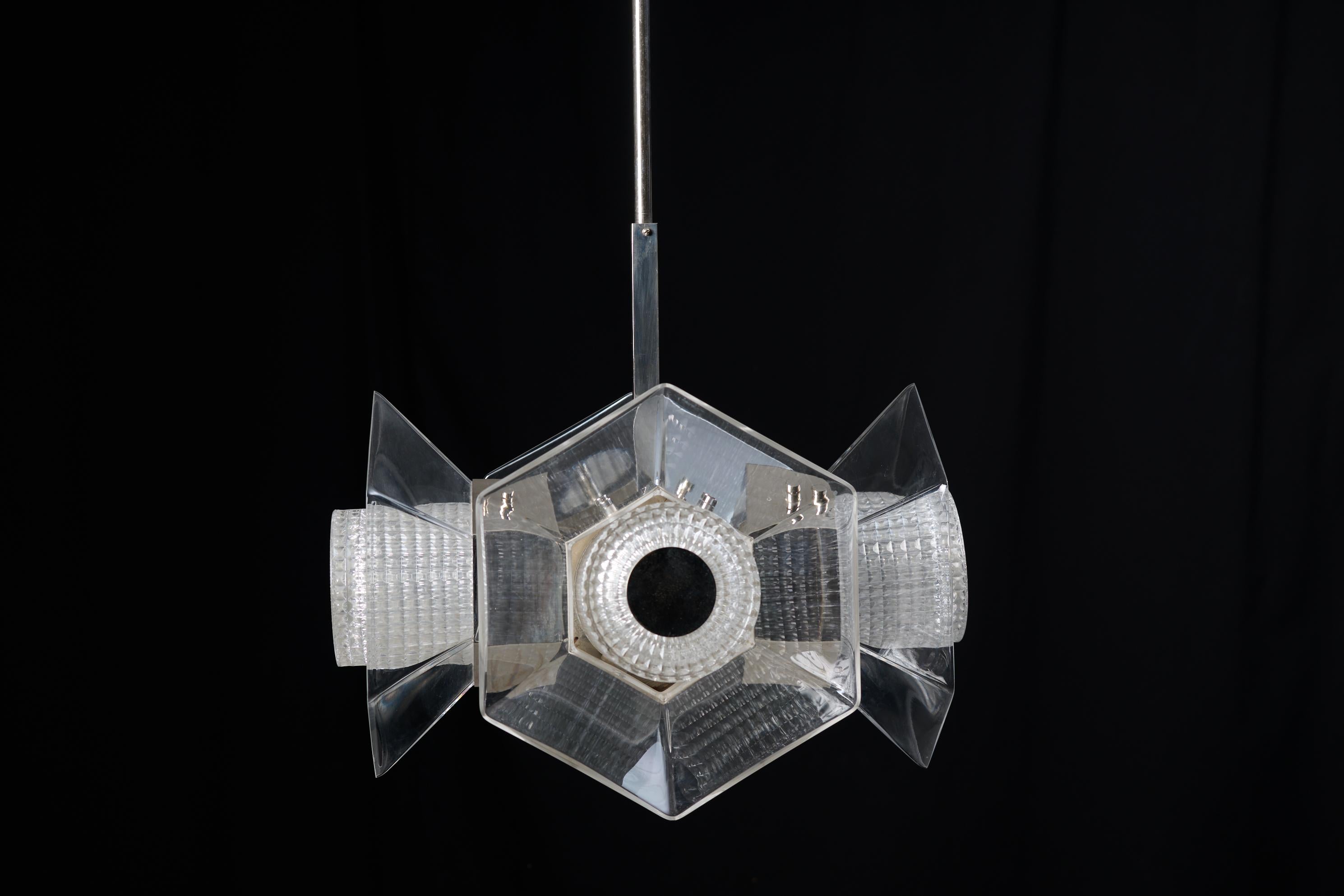 Vintage Glass and Chrome Ceiling Light, Mid-Century Modern Likely Italian In Good Condition For Sale In Kramfors, SE