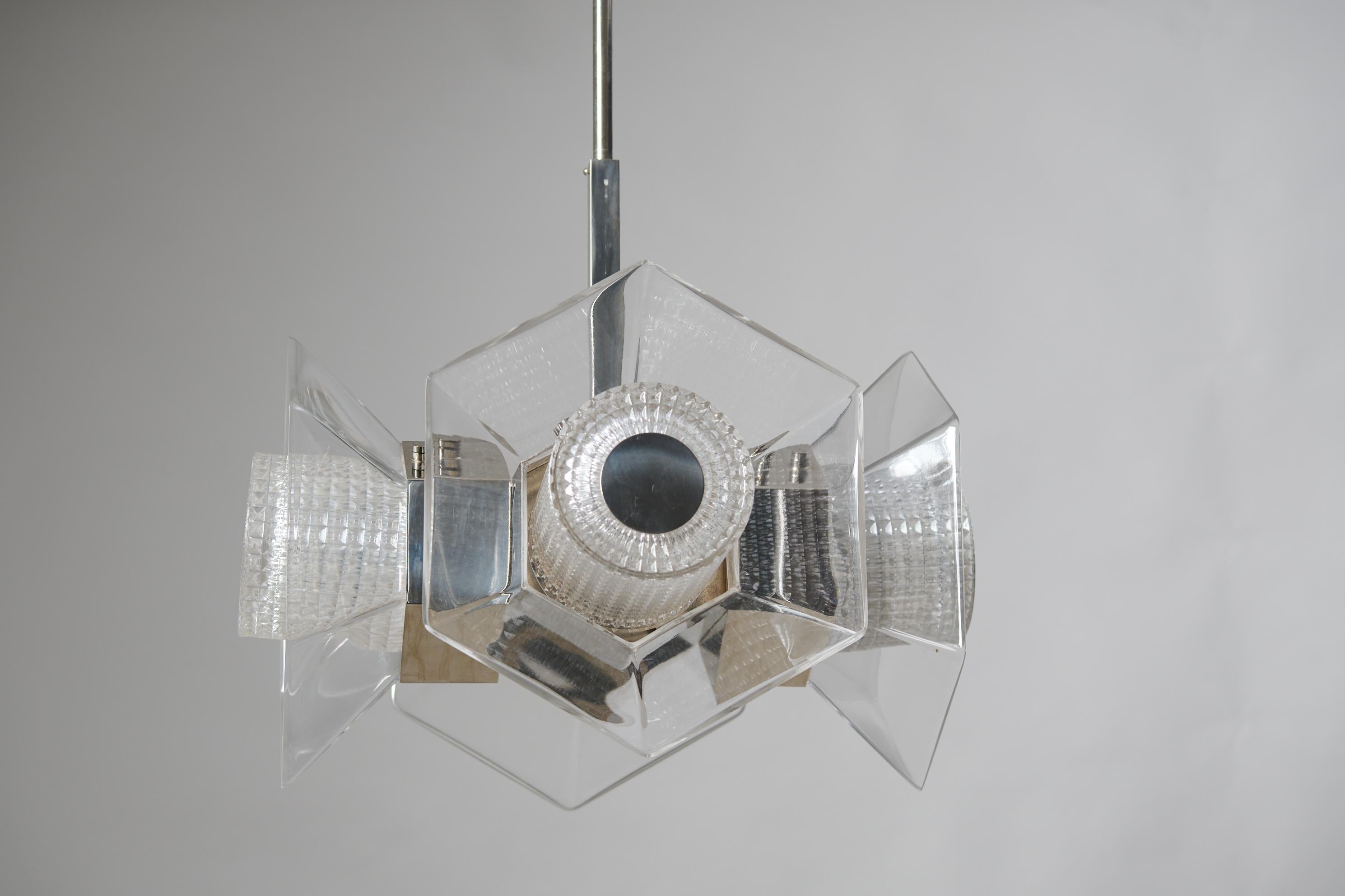 Vintage Glass and Chrome Ceiling Light, Mid-Century Modern Likely Italian For Sale 1
