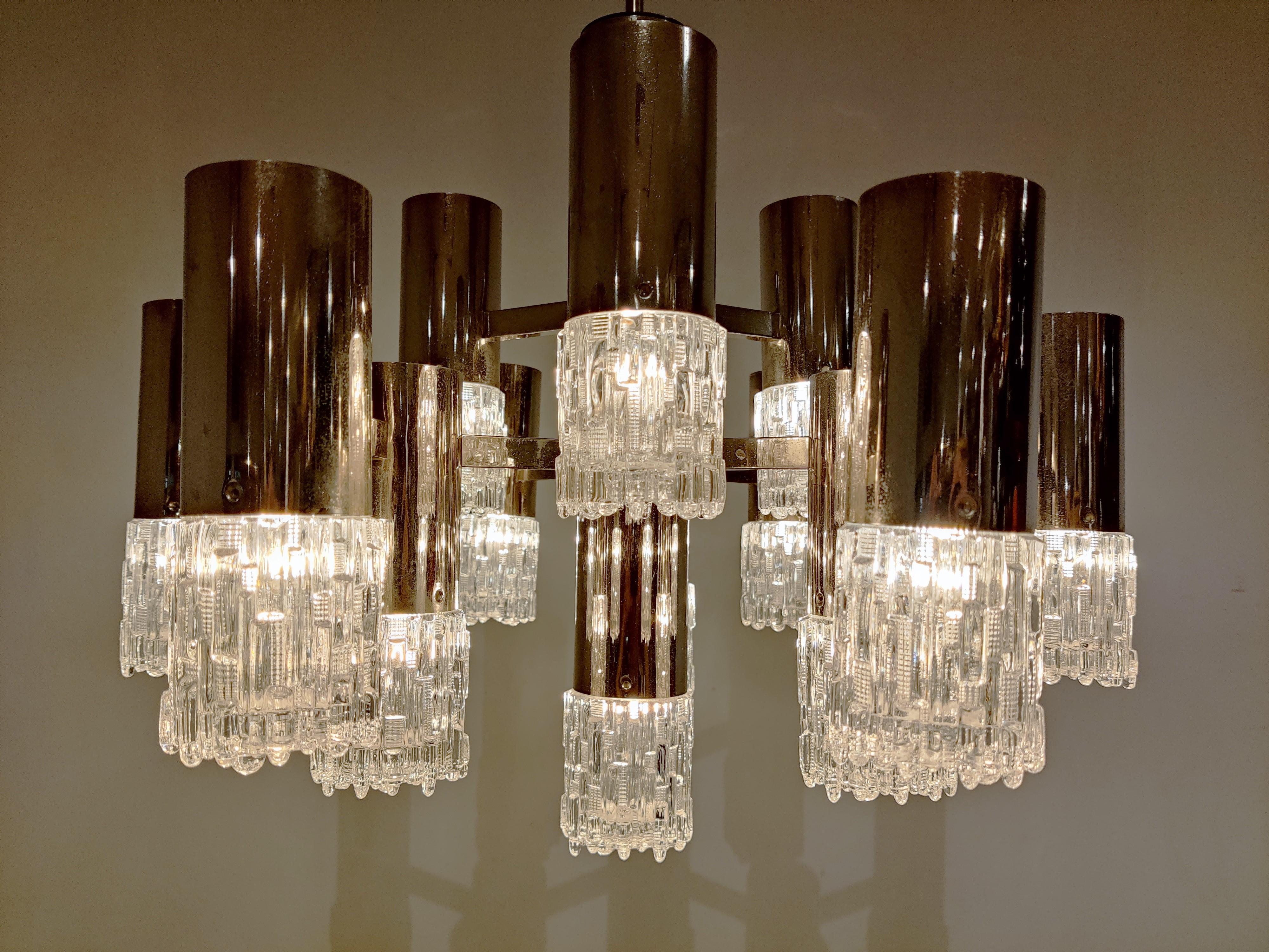 Late 20th Century Vintage Glass and Chrome Chandelier by Gaetano Sciolari, 1970s