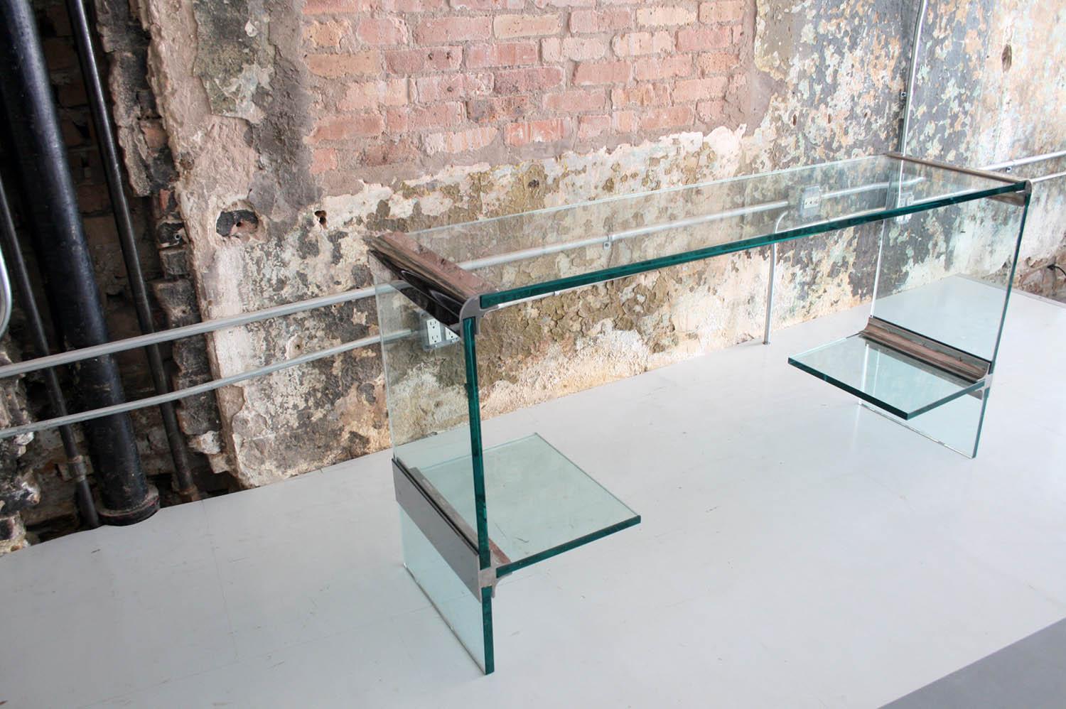 Chrome fittings and green glass console table attributed to Lee Rosen for Pace.