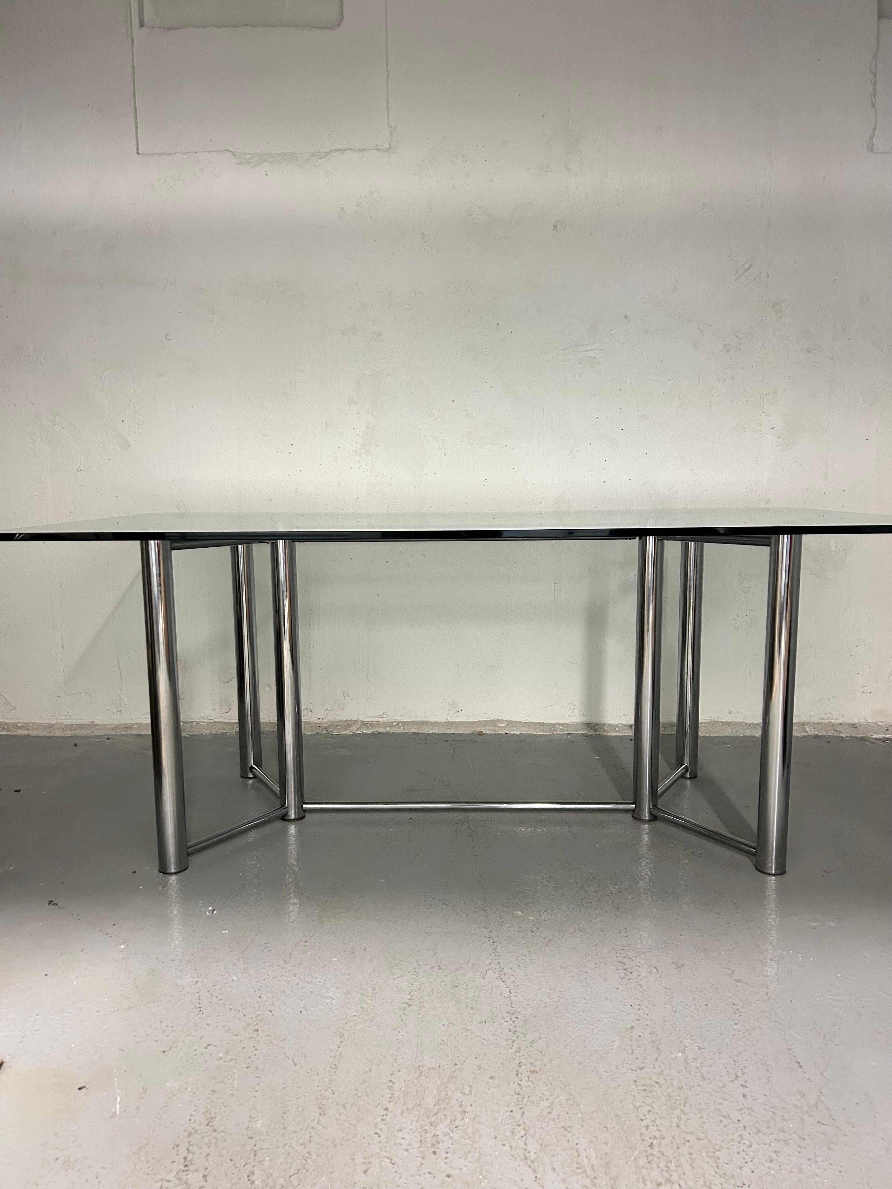 Late 20th Century Vintage Glass and Chrome Dining Table For Sale