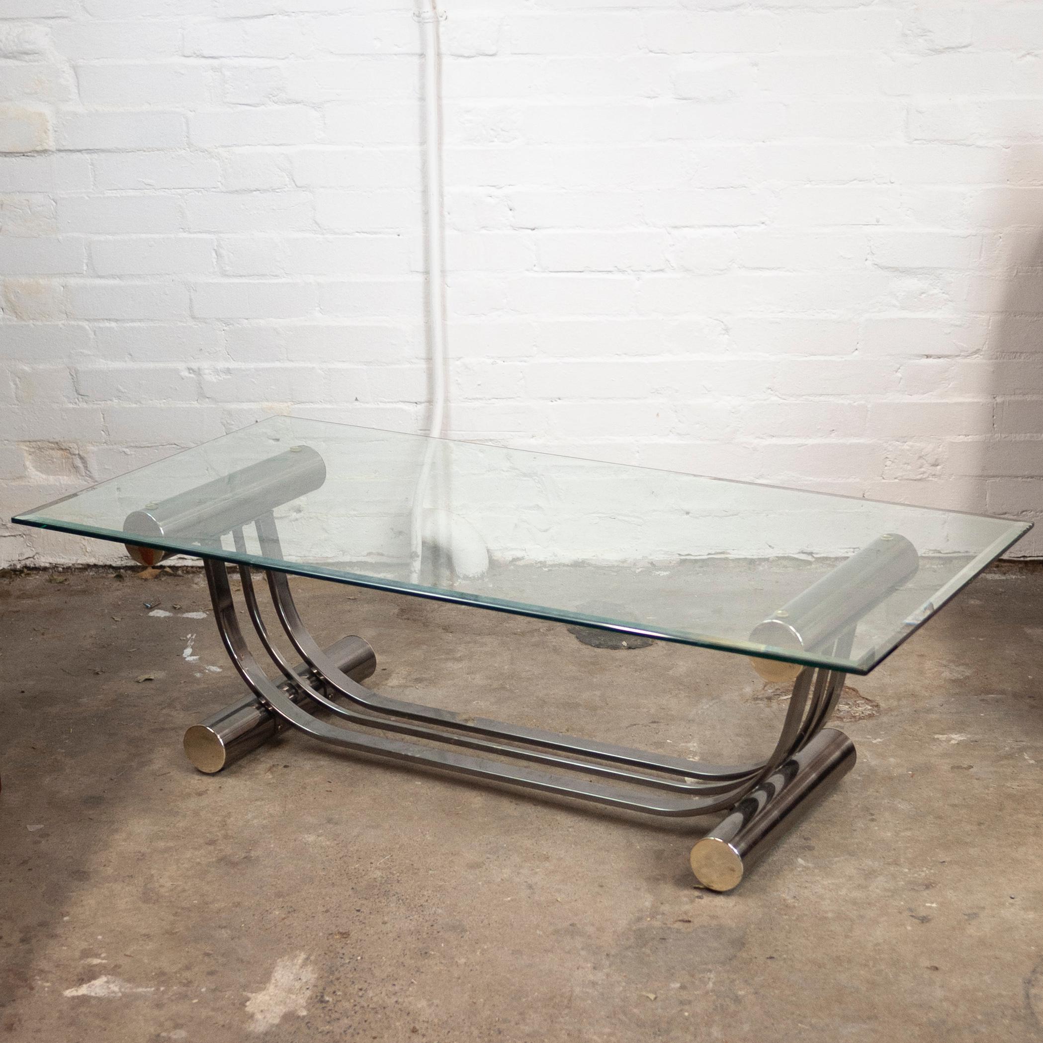 American Vintage Glass and Chrome Harp Shaped Coffee Table by Dia, 1970s For Sale