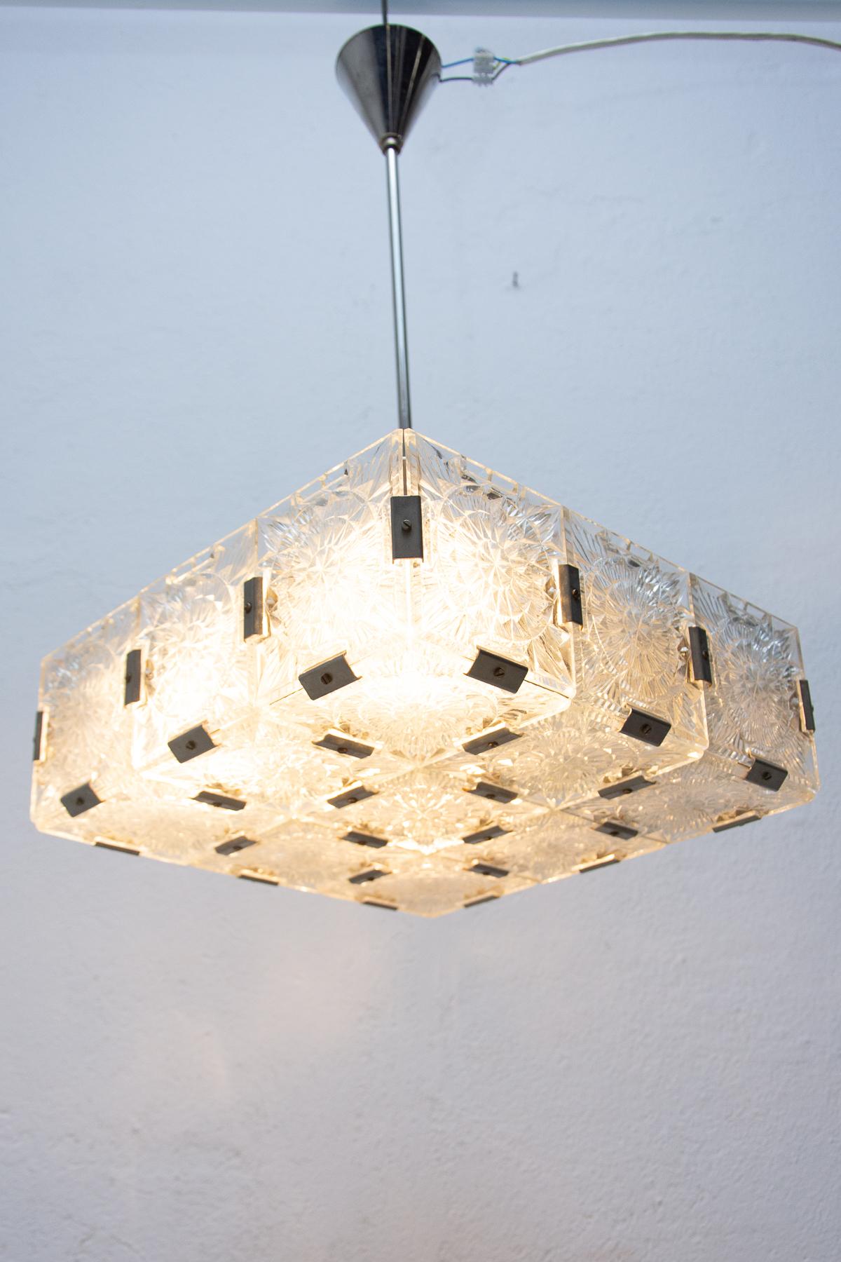 Vintage Glass and Chromed Steel Pendant Lamp by Kamenický Šenov, 1970s For Sale 13