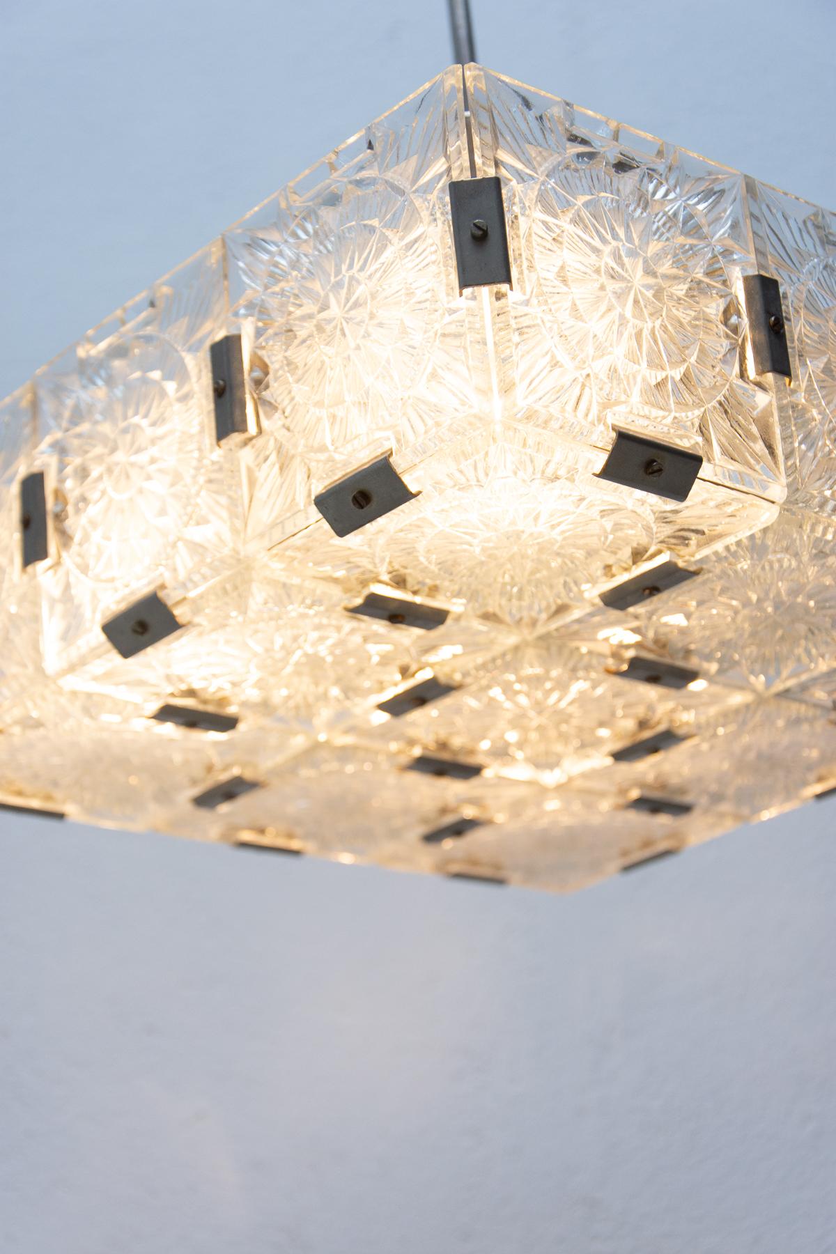 Vintage Glass and Chromed Steel Pendant Lamp by Kamenický Šenov, 1970s For Sale 14