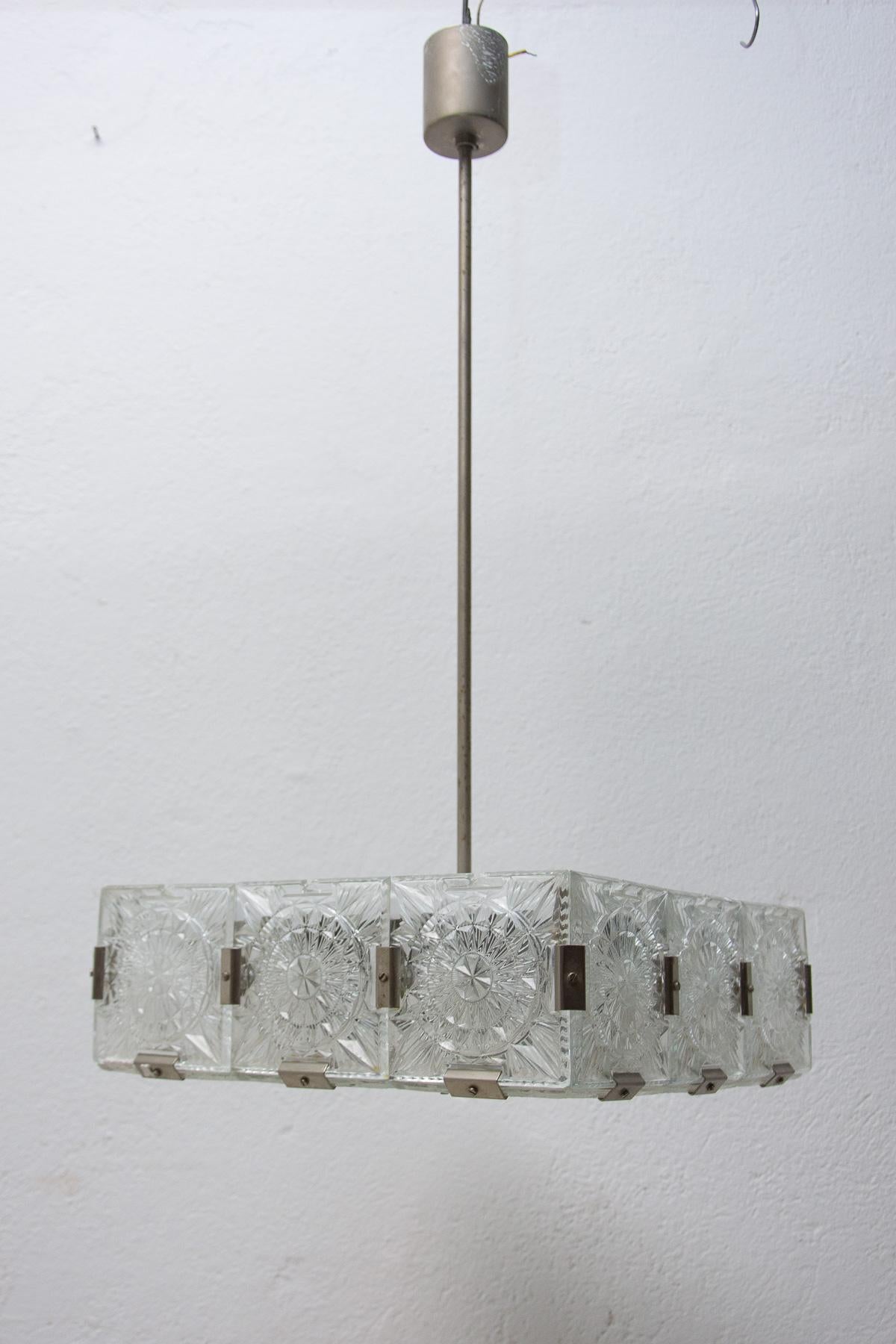 Mid-Century Modern Vintage Glass and Chromed Steel Pendant Lamp by Kamenický Šenov, 1970s For Sale