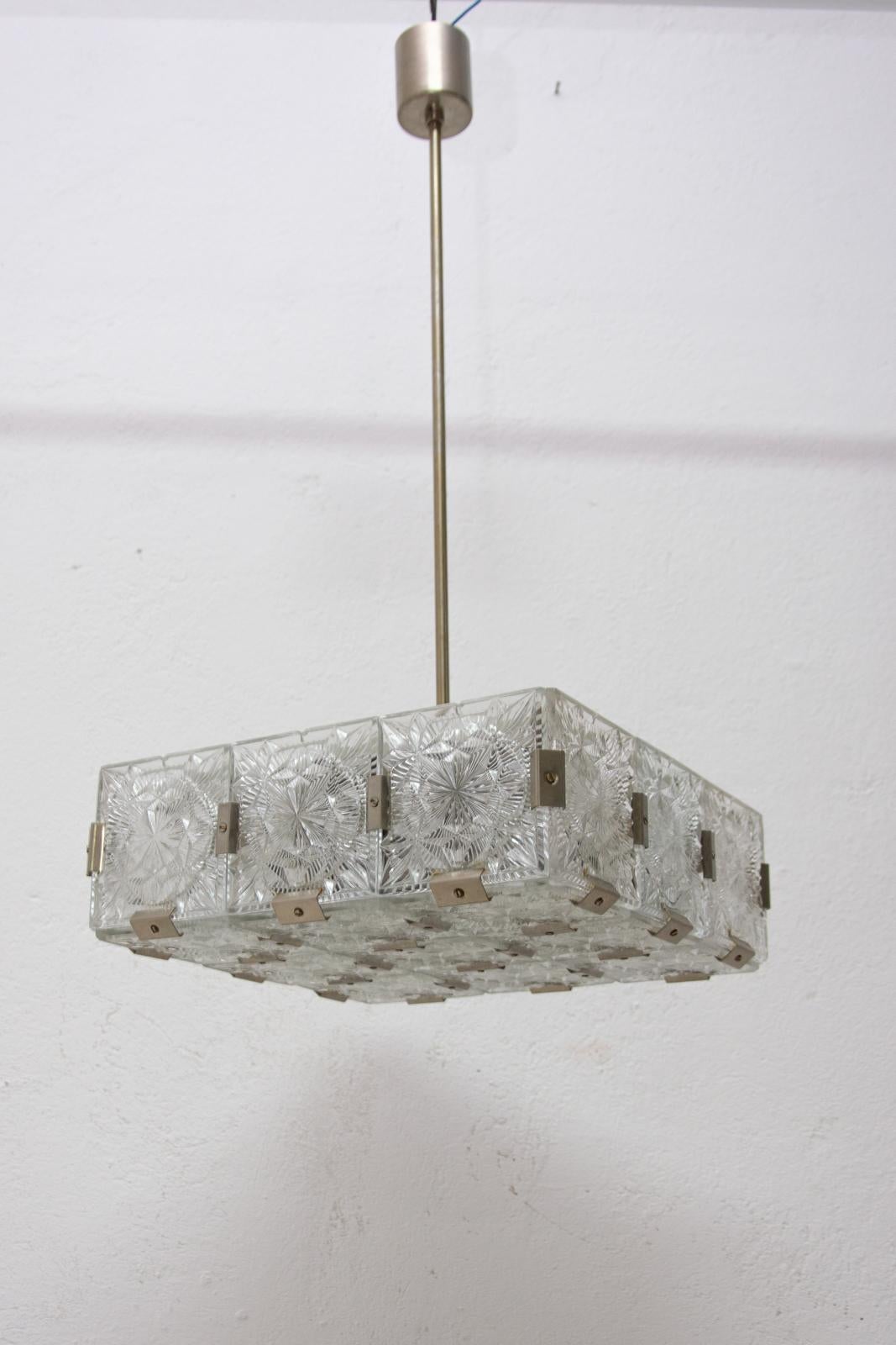Czech Vintage Glass and Chromed Steel Pendant Lamp by Kamenický Šenov, 1970s For Sale