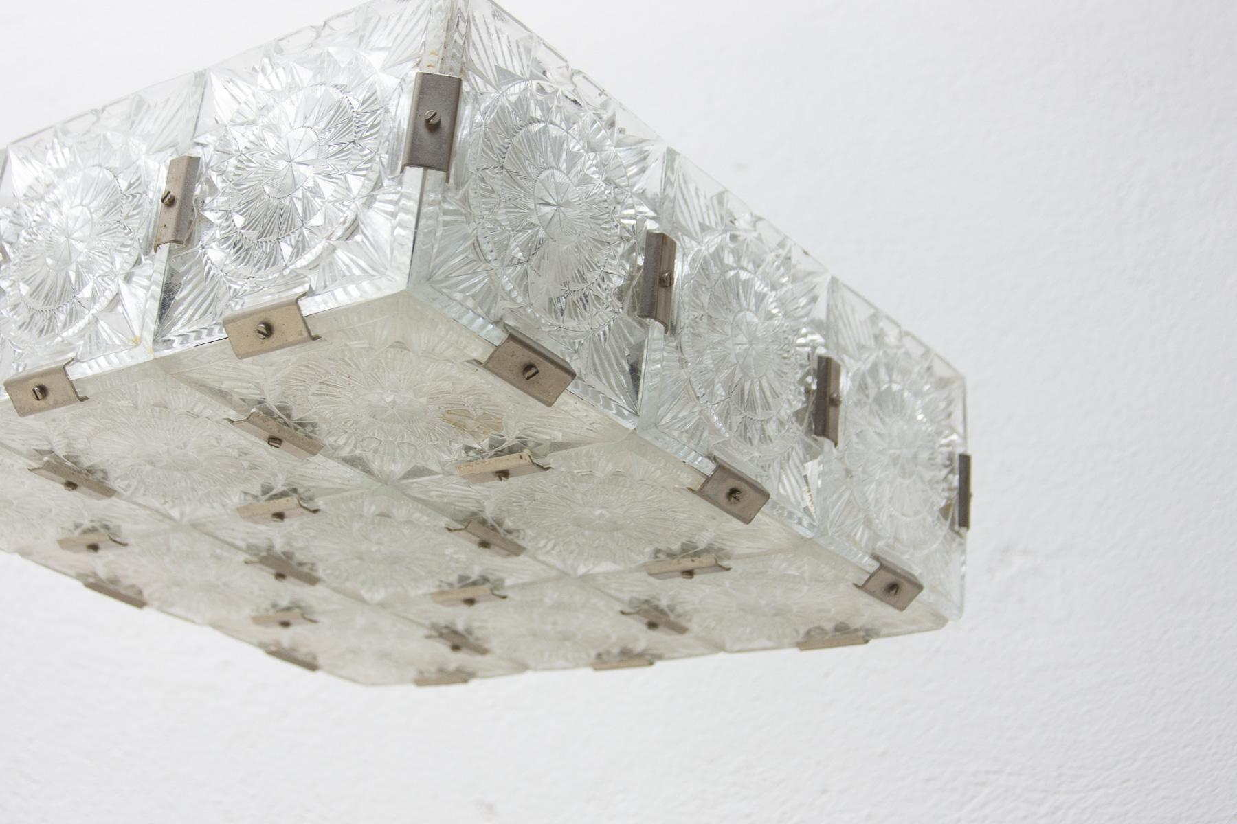 20th Century Vintage Glass and Chromed Steel Pendant Lamp by Kamenický Šenov, 1970s For Sale