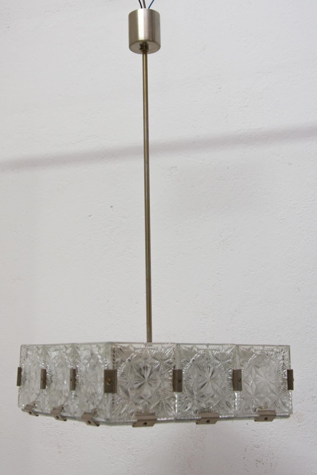 Vintage Glass and Chromed Steel Pendant Lamp by Kamenický Šenov, 1970s For Sale 1