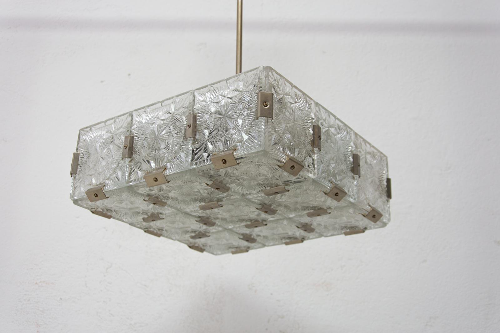 Vintage Glass and Chromed Steel Pendant Lamp by Kamenický Šenov, 1970s For Sale 2