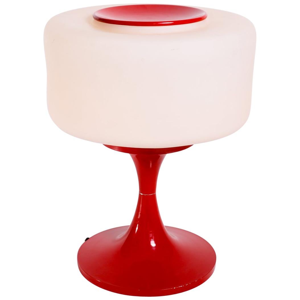 Vintage Glass and Enameled Steel Table Lamp, 1960s Red Space Age Style