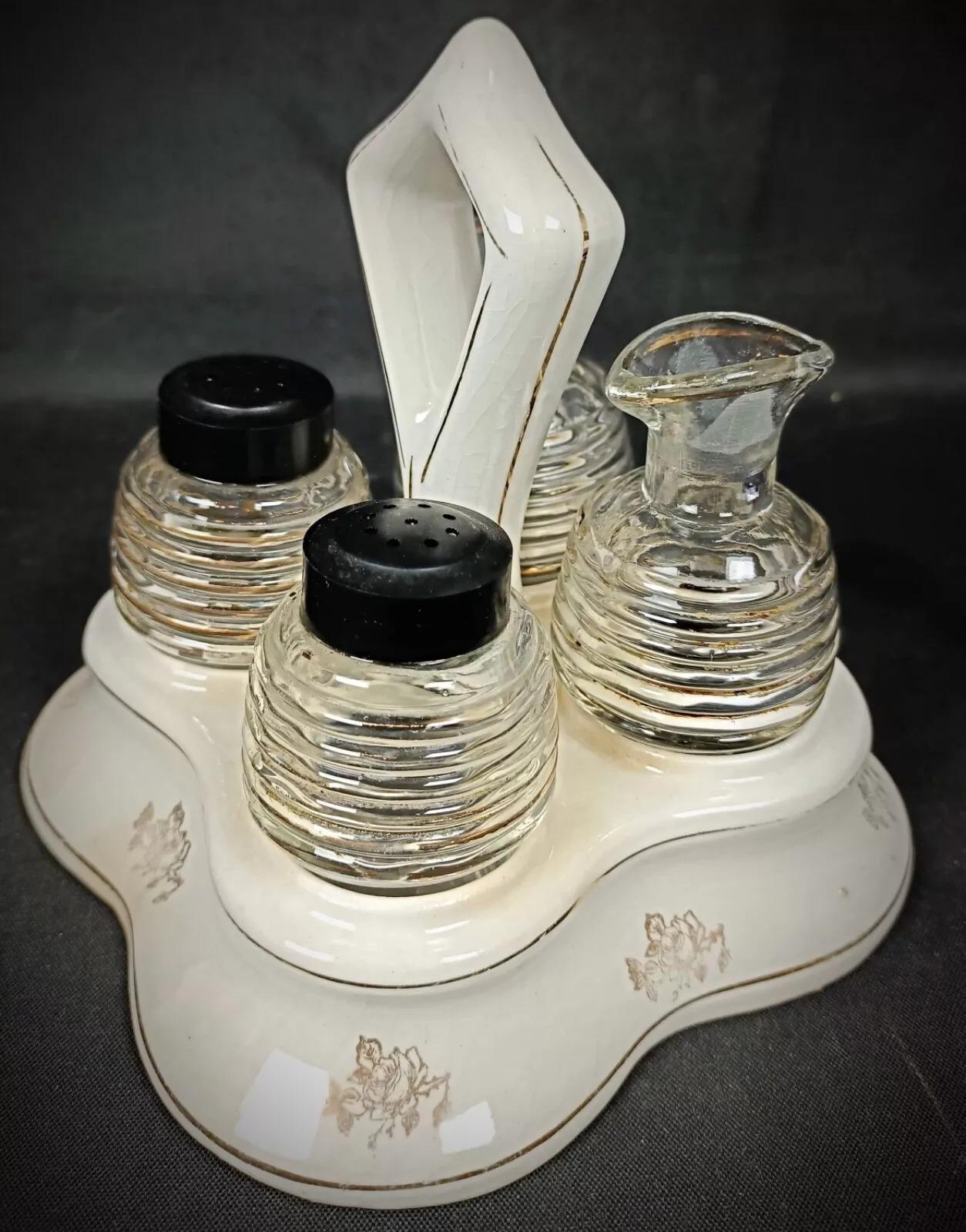 Vintage Glass and Faience Condiment Set with Floral 