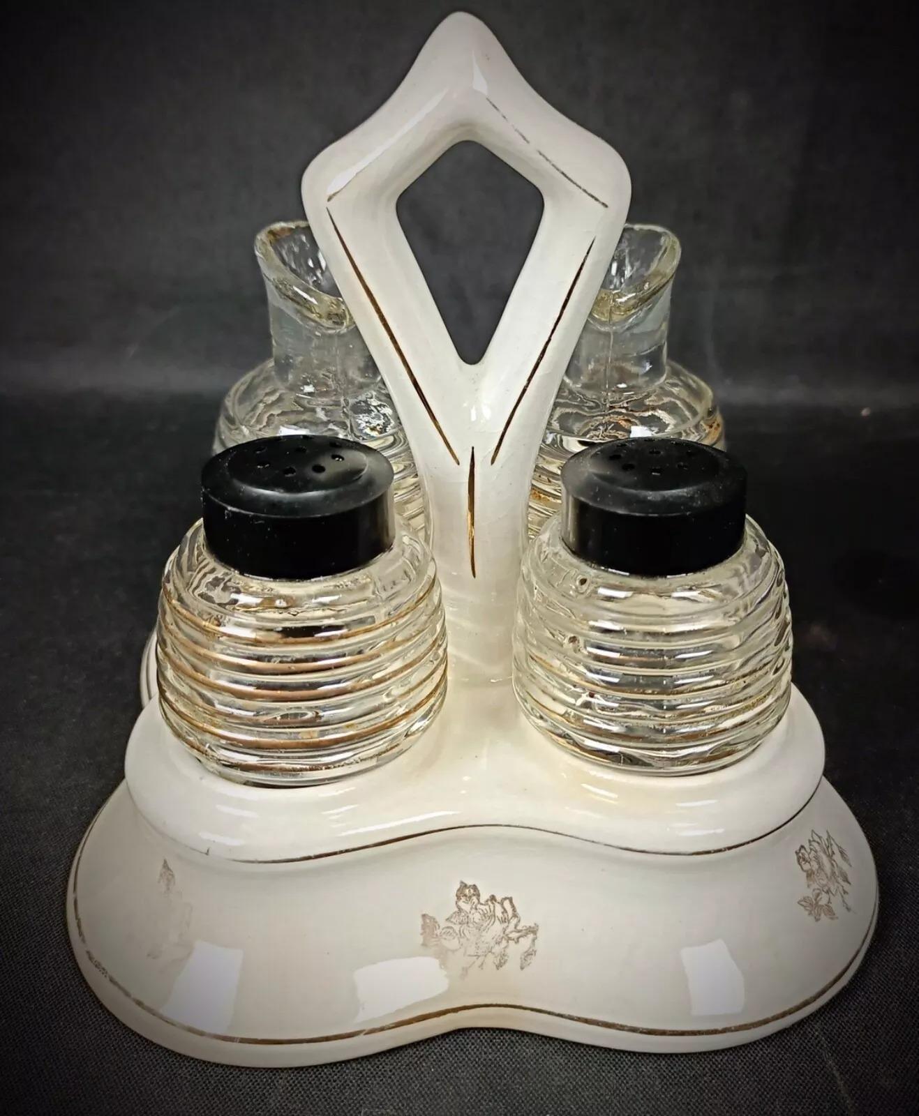 This vintage condiment set, featuring a lovely floral 