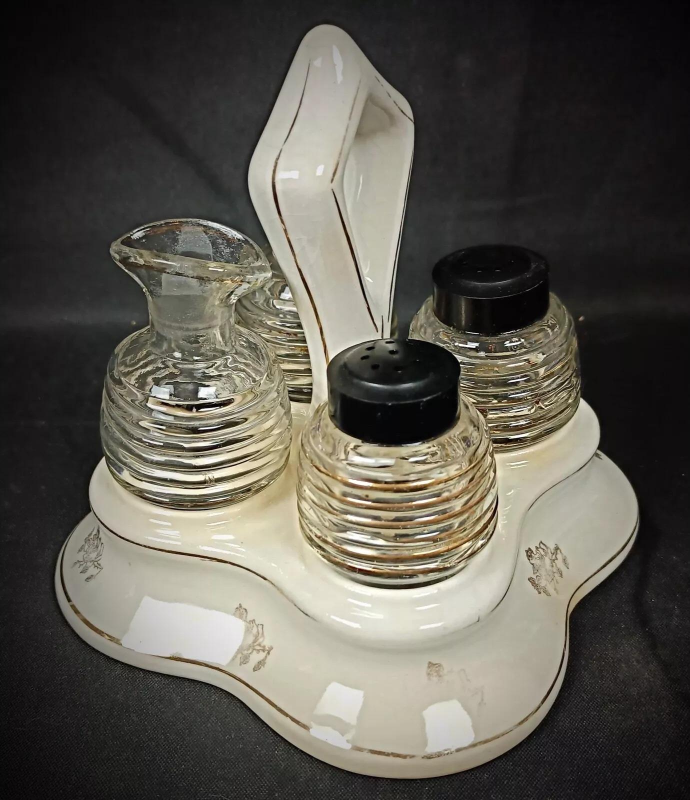 Unknown Vintage Glass and Faience Condiment Set with Floral 