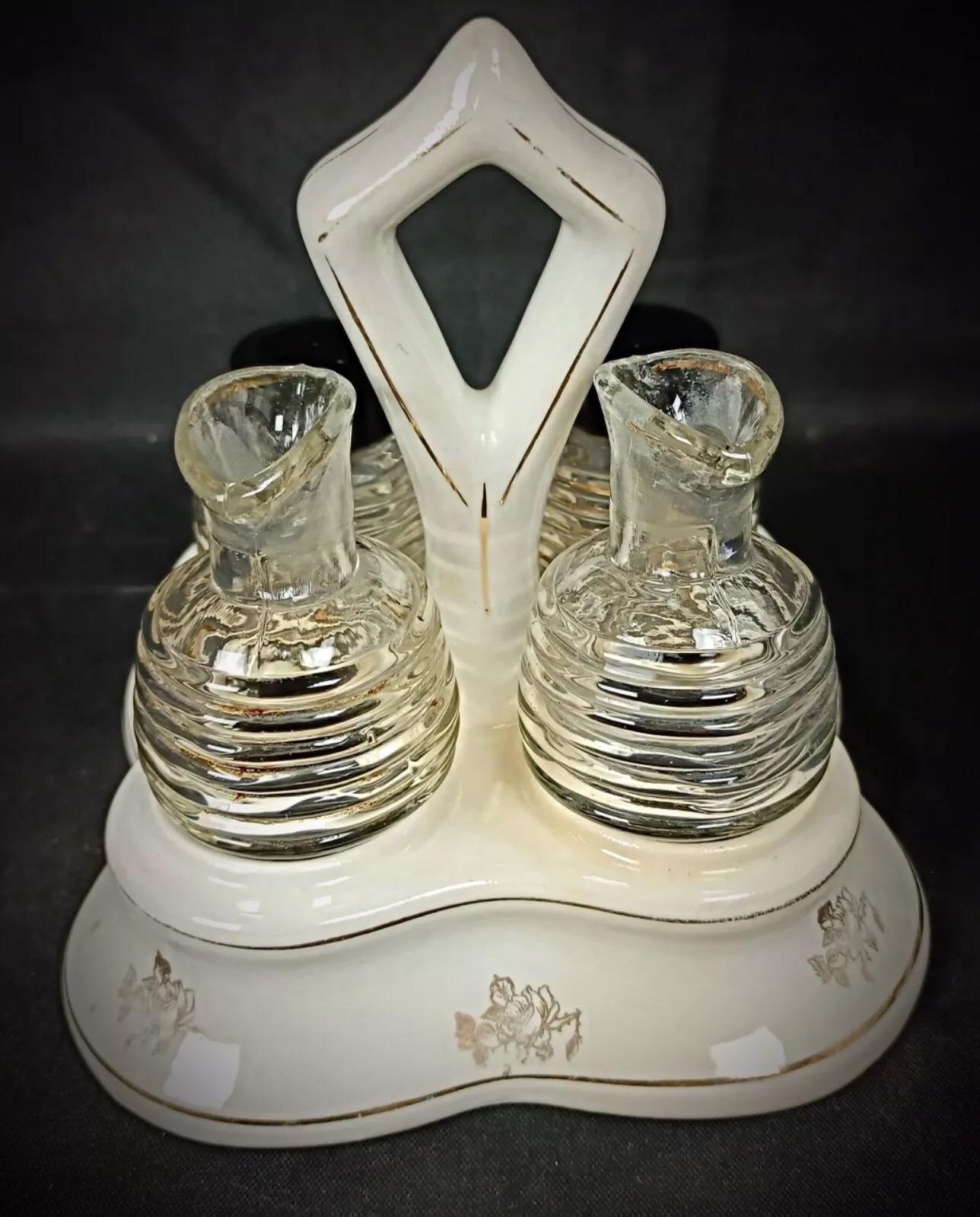 Vintage Glass and Faience Condiment Set with Floral 