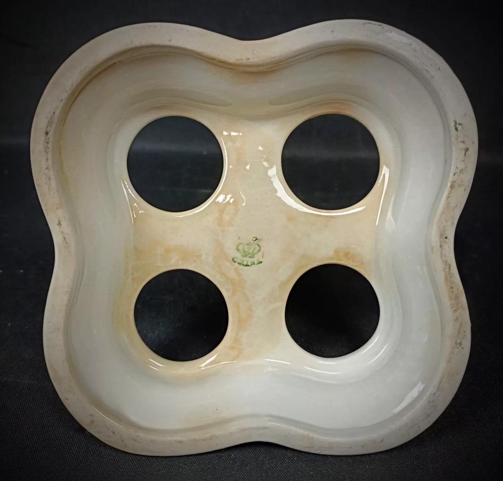 Vintage Glass and Faience Condiment Set with Floral 