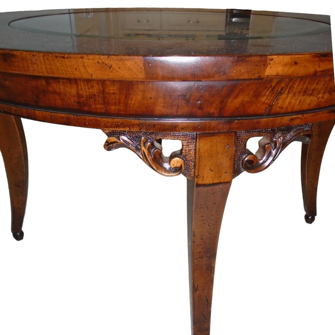 Unknown Vintage Glass and Inlaid Wood Coffee Table For Sale