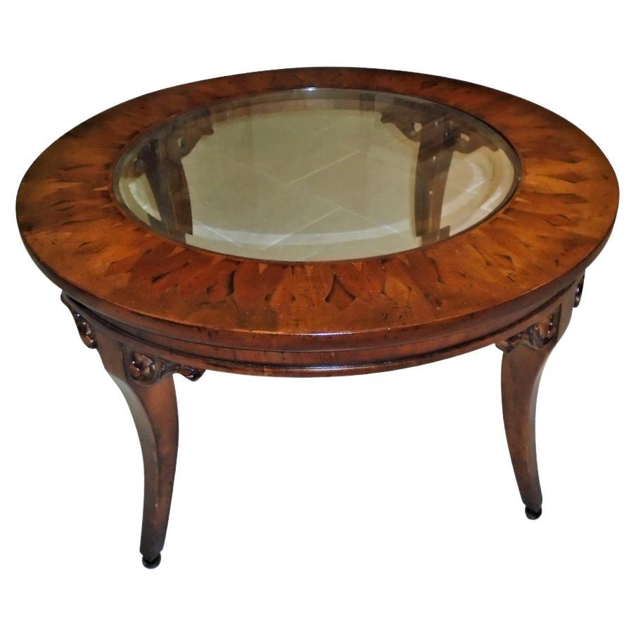 Vintage Glass and Inlaid Wood Coffee Table For Sale