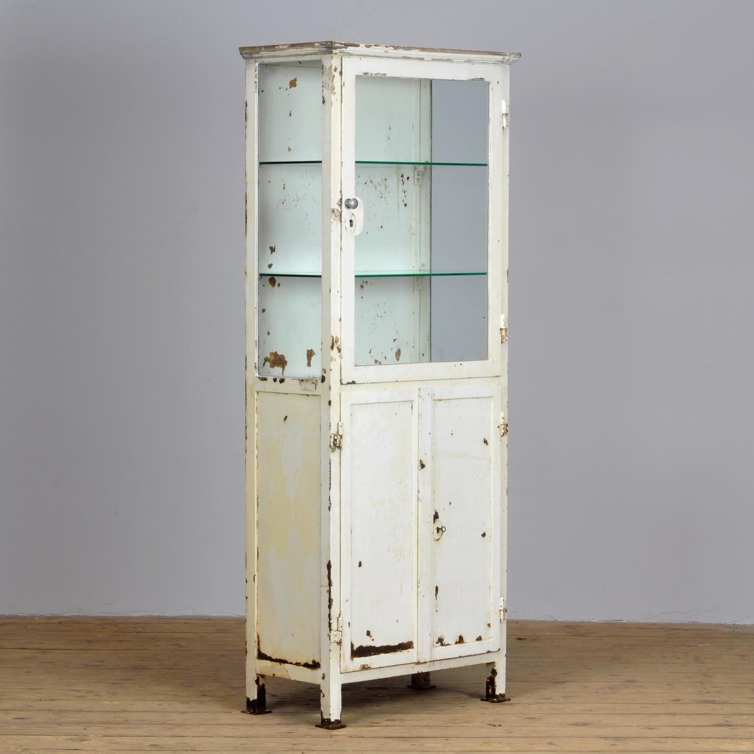 Industrial Vintage Glass and Iron Medical Cabinet, 1920s