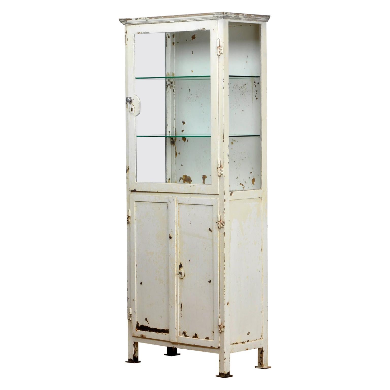 Vintage Glass and Iron Medical Cabinet, 1920s