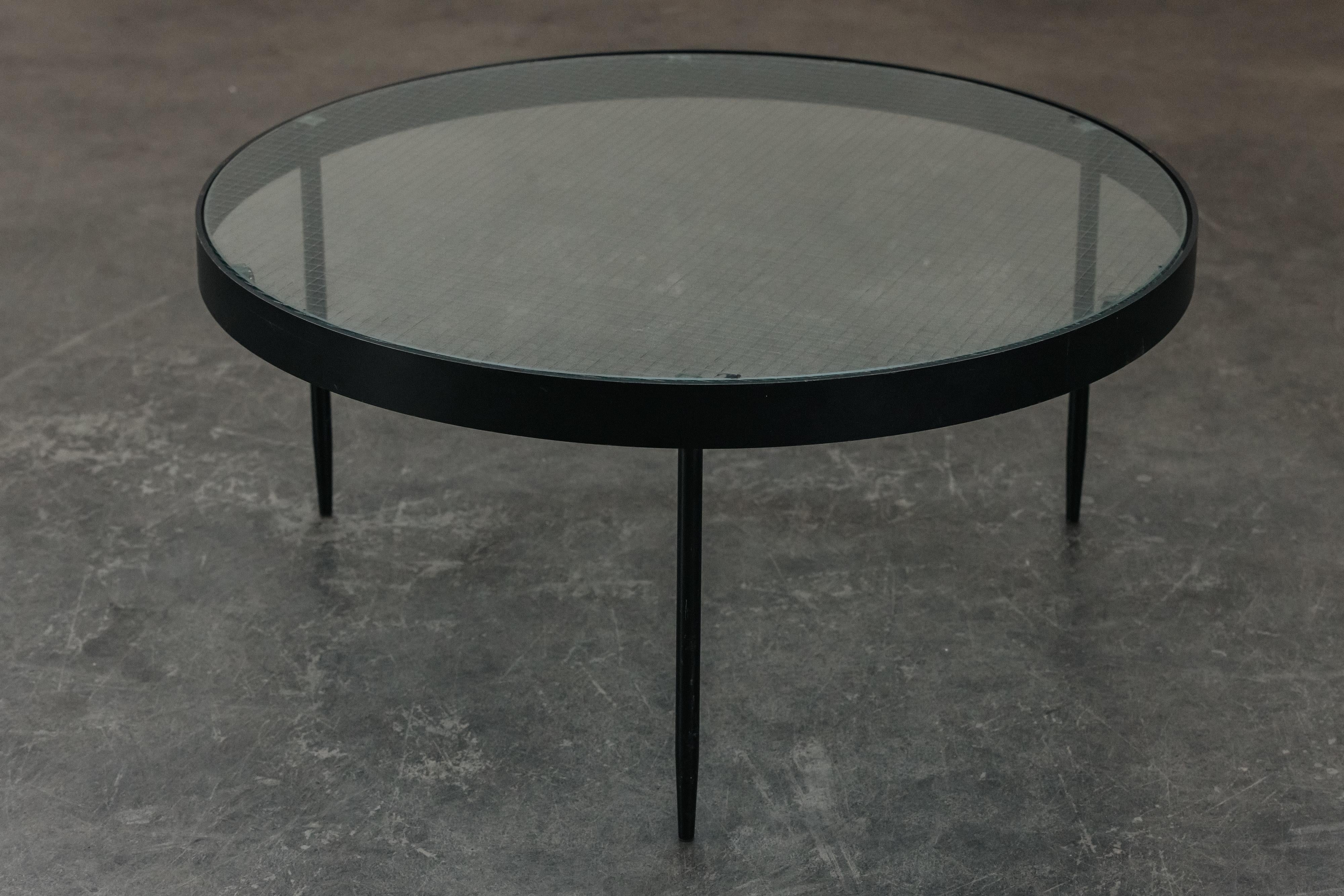 Vintage Glass And Metal Coffee Table From France, Circa 1960.  Glass top with embedded wire.  Top rests on base.  Light patina and use.