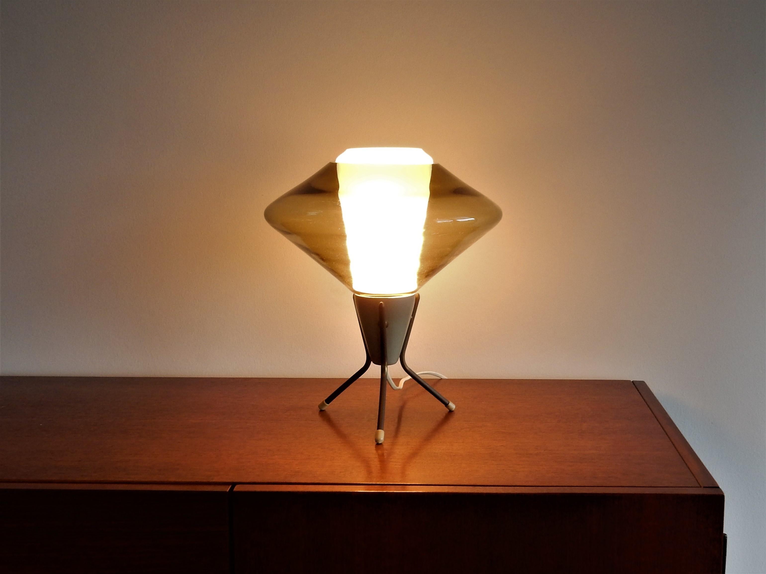 Mid-20th Century Vintage Glass and Metal Tripod Table Lamp, 1960s