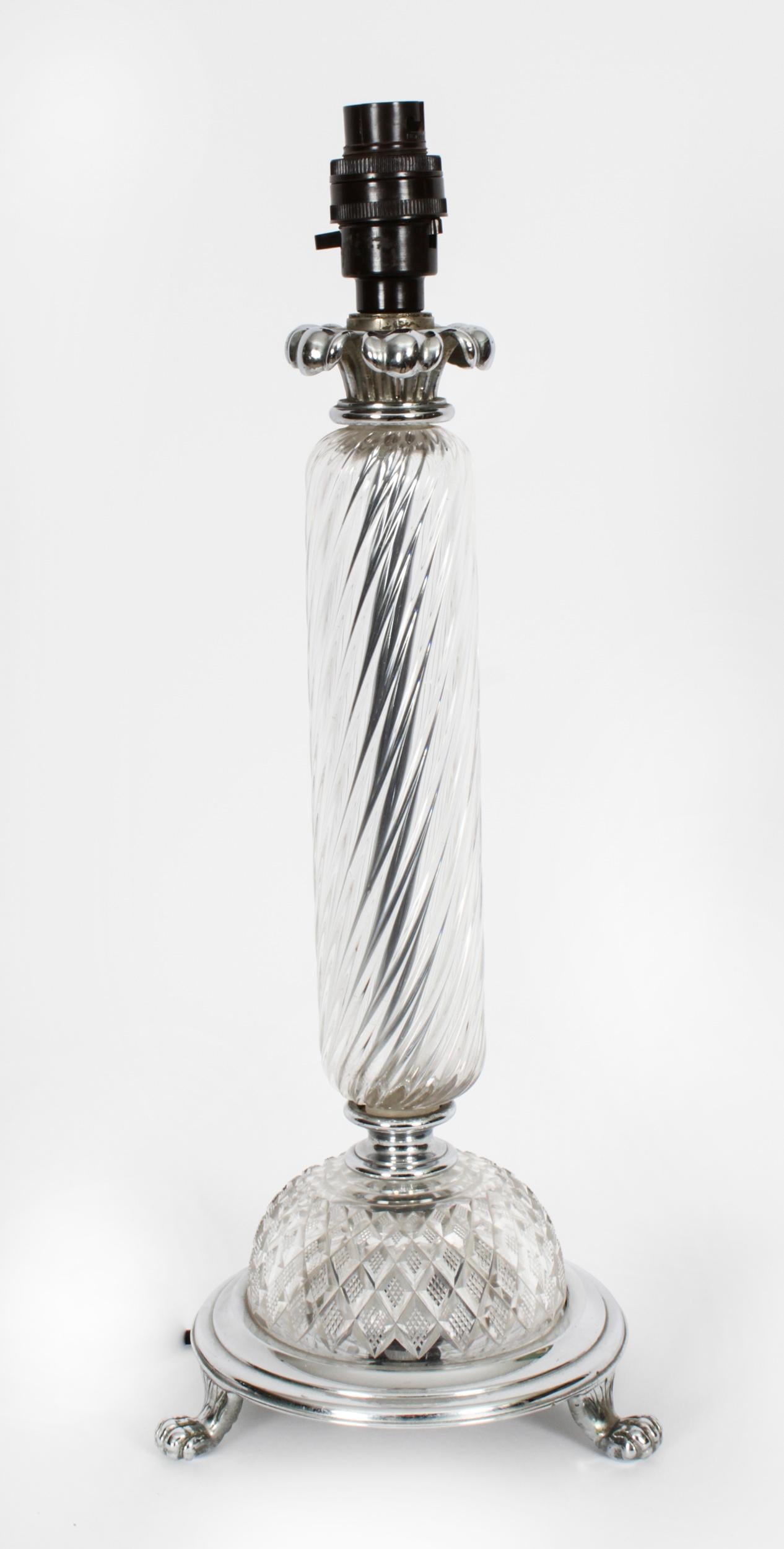 English Vintage Glass and Silver Plated Table Lamp Mid 20th Century For Sale
