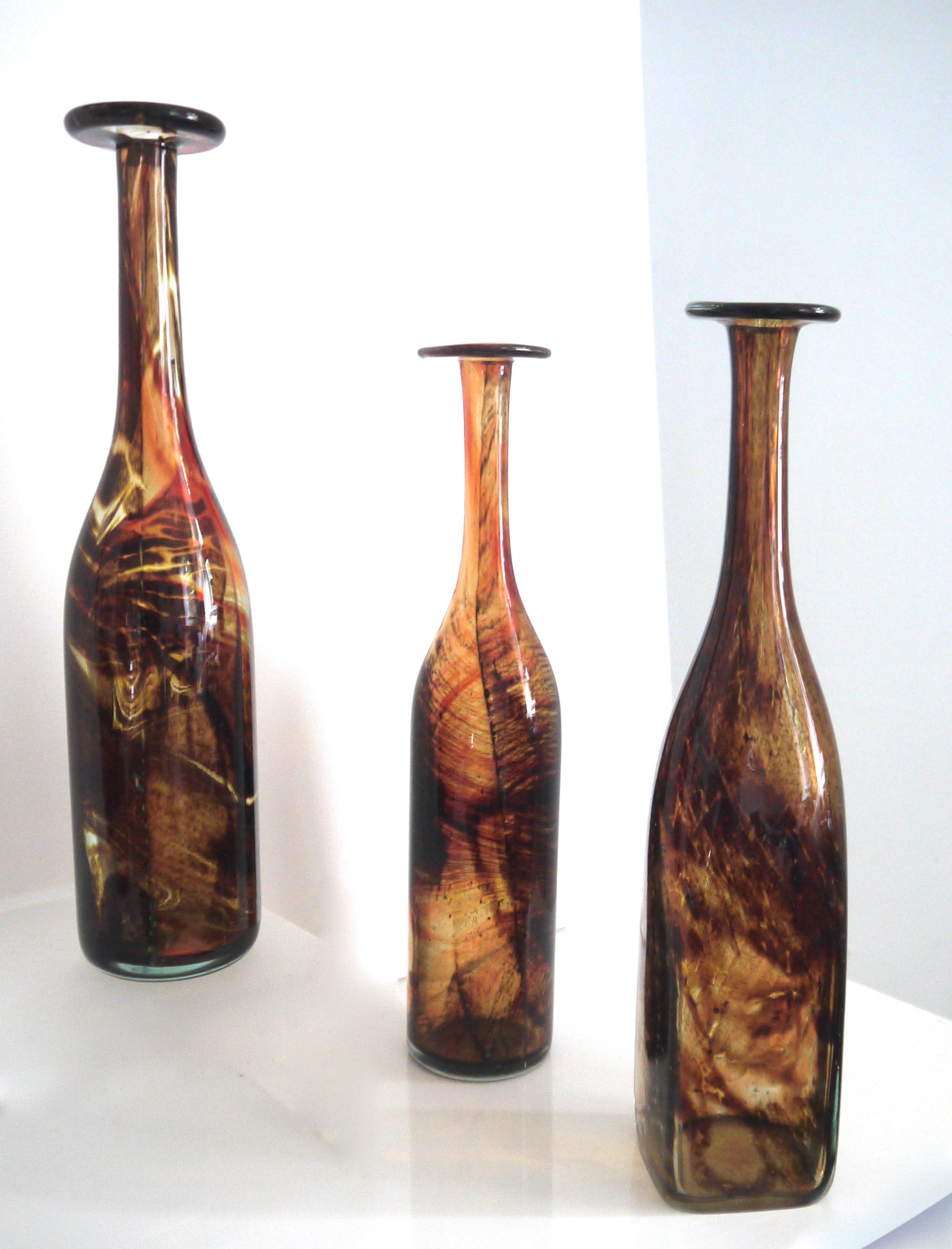 Mid-Century Modern (MCM)Vintage glass bottles Mdina/Isle of white - Tortoisehell Signed Late 1970s Michael Harris (1933- 1994) studied glass design during the 1950's at Stourbridge College of Art and at the Royal College of Art (RCA) The works of