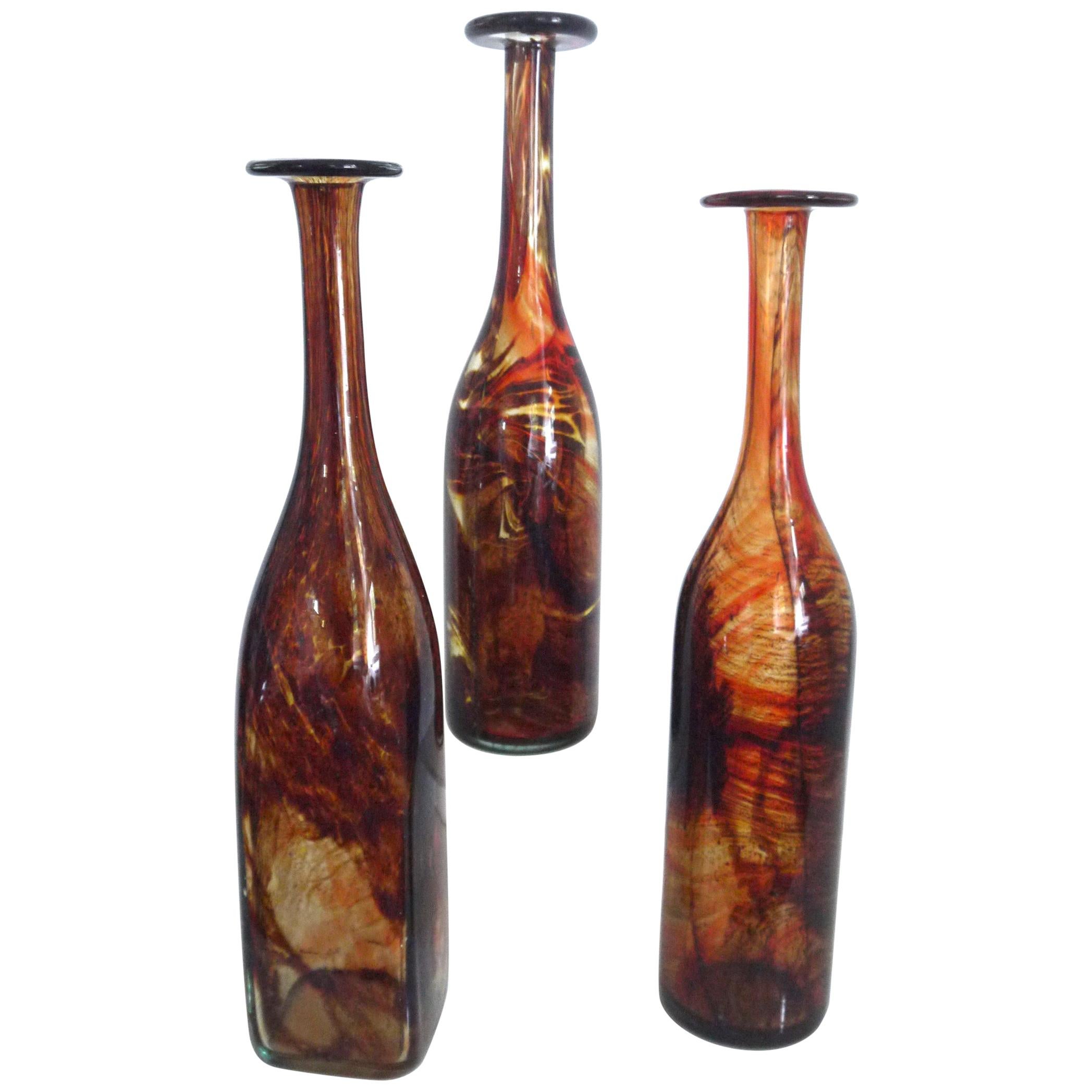 Vintage Glass Bottles Collection Mdina, Tortoisehell Signed Late 1970s For Sale