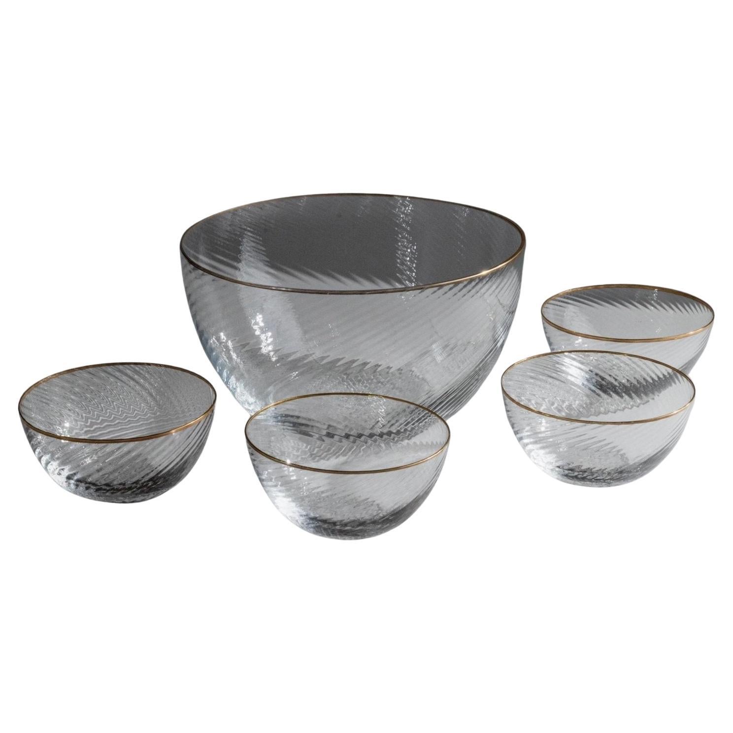 Vintage Glass Bowl Set Salad Bowl with 4 Small Bowls, 1970s For Sale