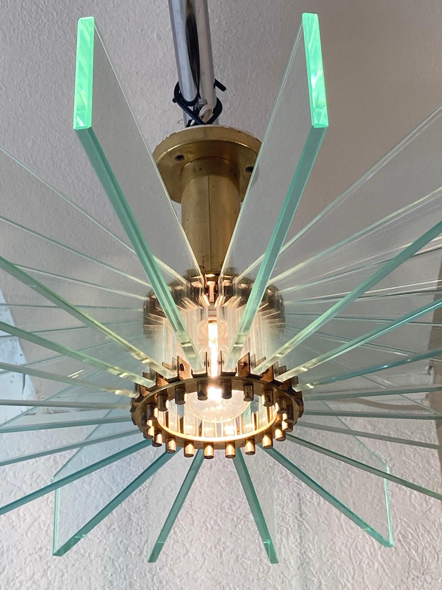 Vintage Glass & Brass Sunburst Flush Mount Ceiling Lamp 1950s In Good Condition For Sale In Geneva, CH