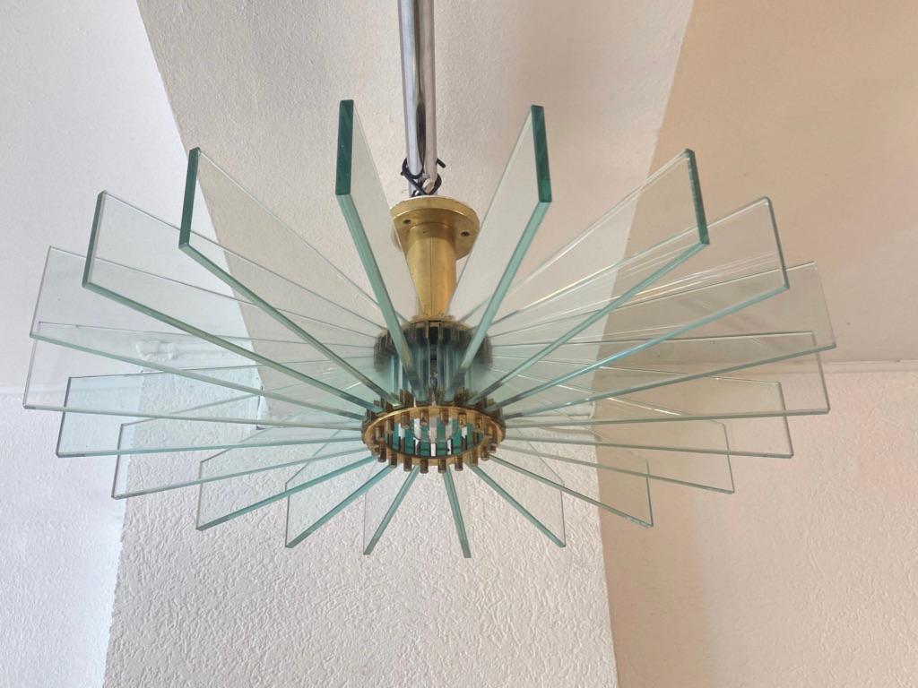 Vintage Glass & Brass Sunburst Flush Mount Ceiling Lamp 1950s For Sale 4