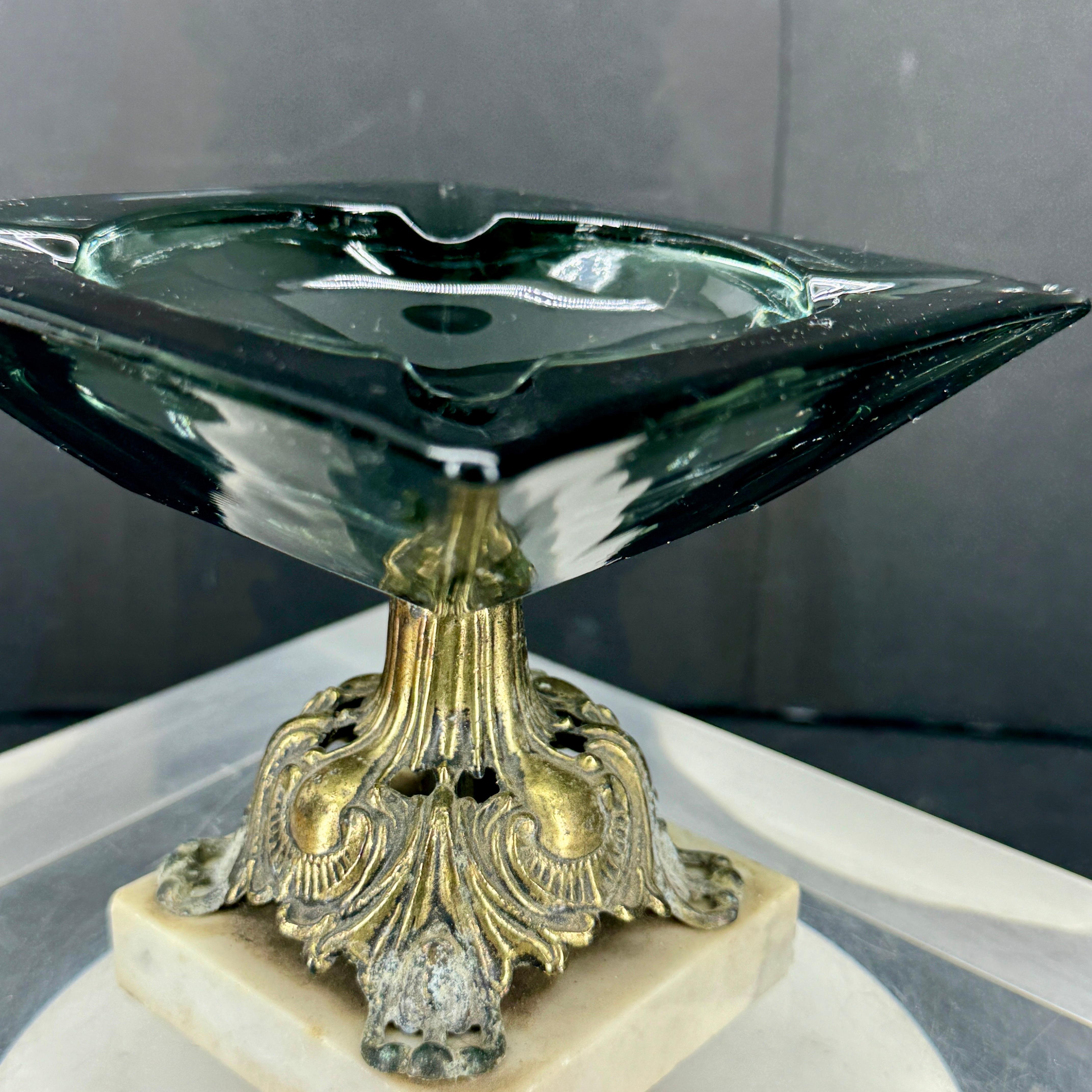 Vintage Glass Bronze and Marble Base Cigar Ashtray, Austrian 1920's 5