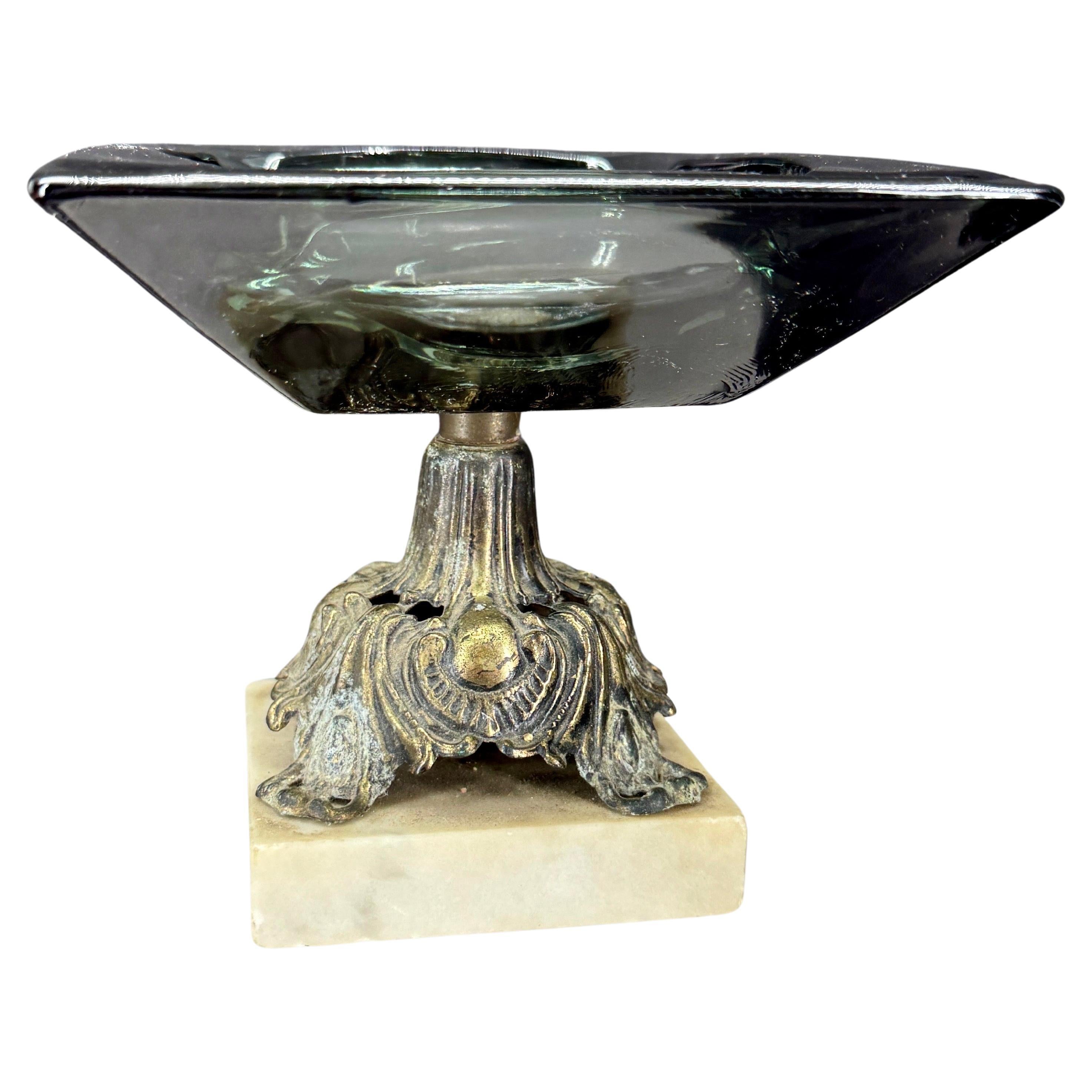 Vintage Glass Bronze and Marble Base Cigar Ashtray, Austrian 1920's.  Beautiful piece to be used as vide-poche, decorative bowl or ashtray on a coffee or side table. 